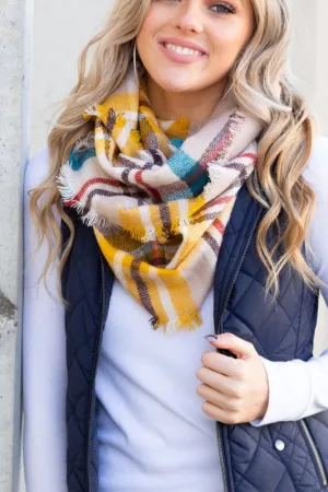 Gwen Infinity Blanket Scarf- Teal/Mustard