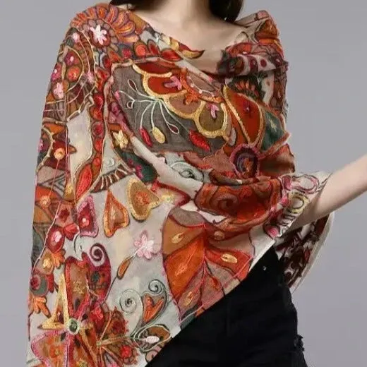 Hand Embroidered Merino Shawl - Harissa