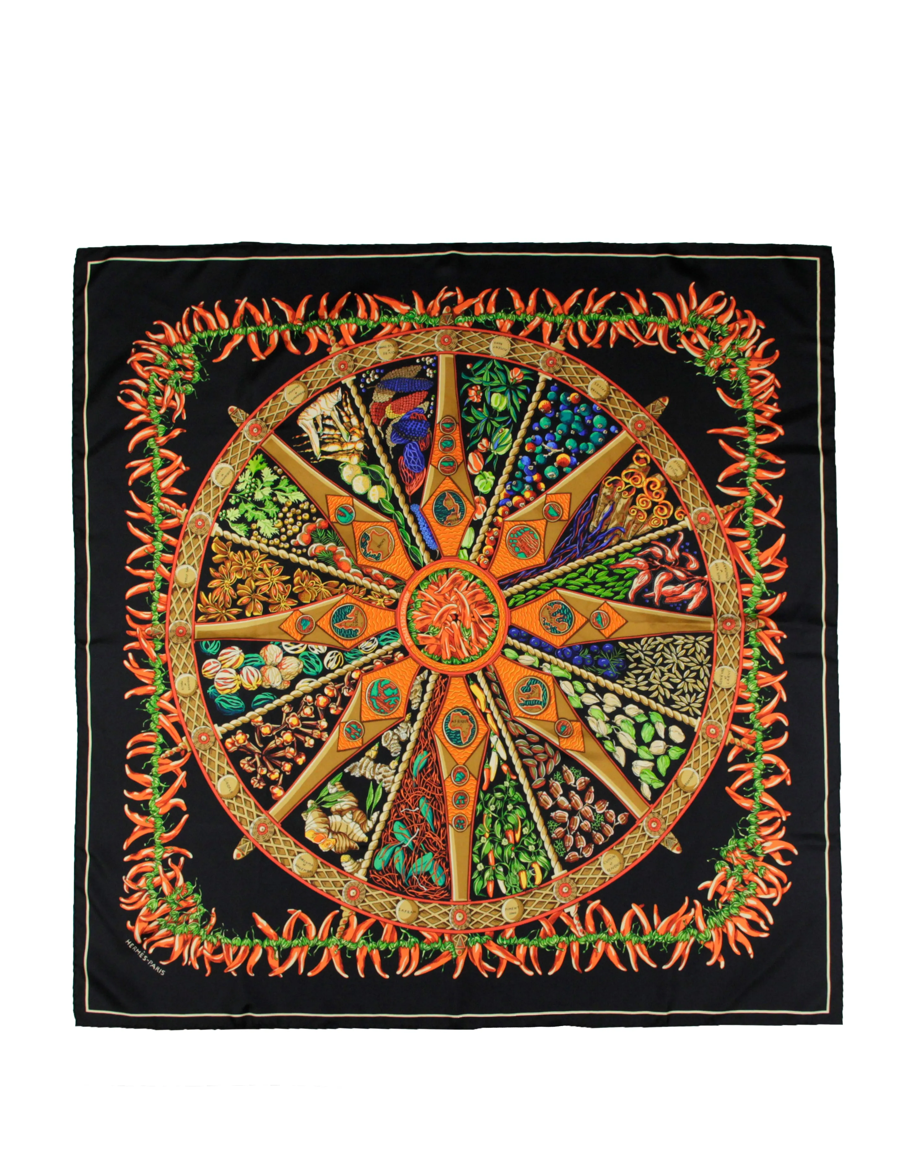 Hermes Black Aux Pays des Epices 90cm Silk Scarf