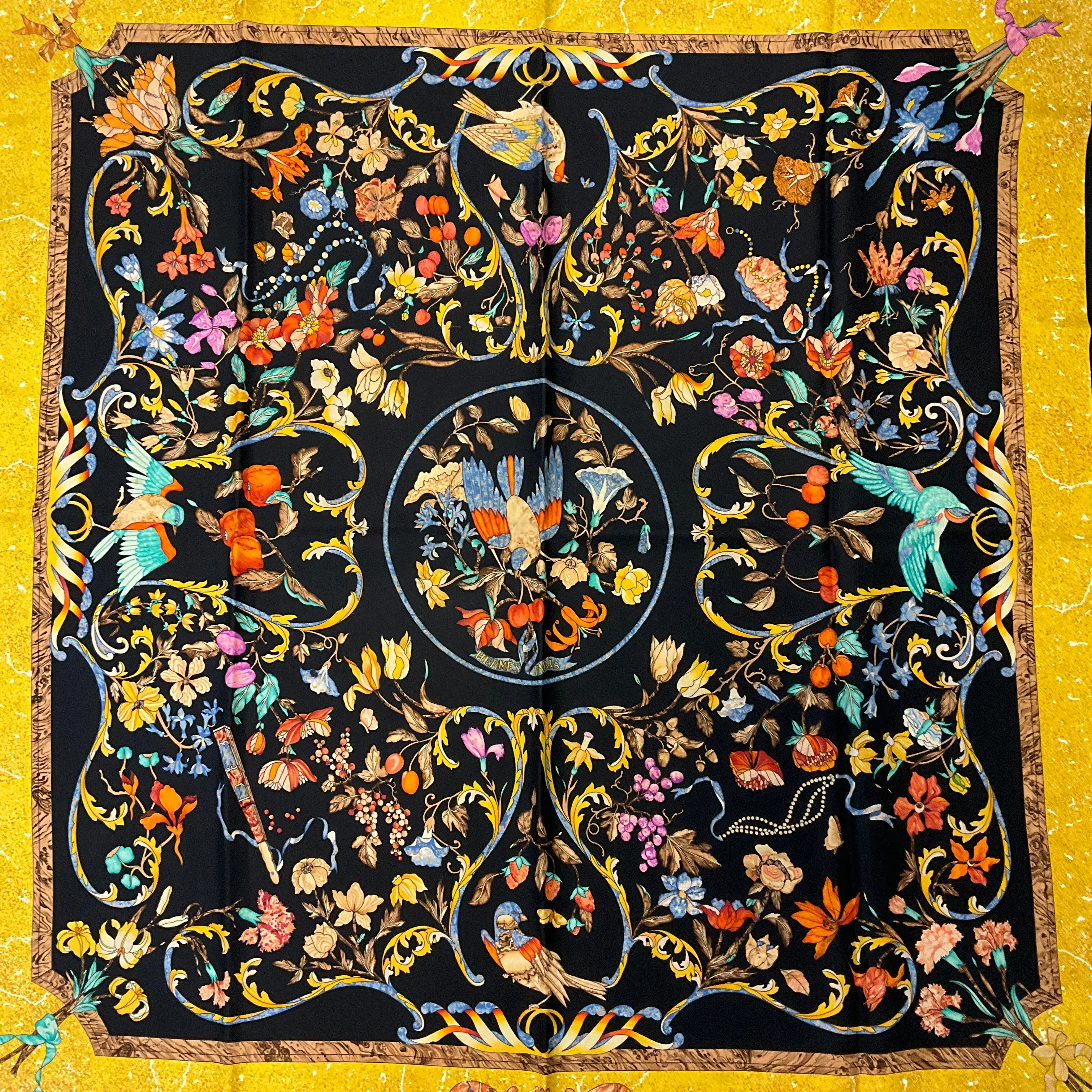 Hermes Black / Gold Multi Pierres d'Orient et d'Occident Square Silk Twill Scarf