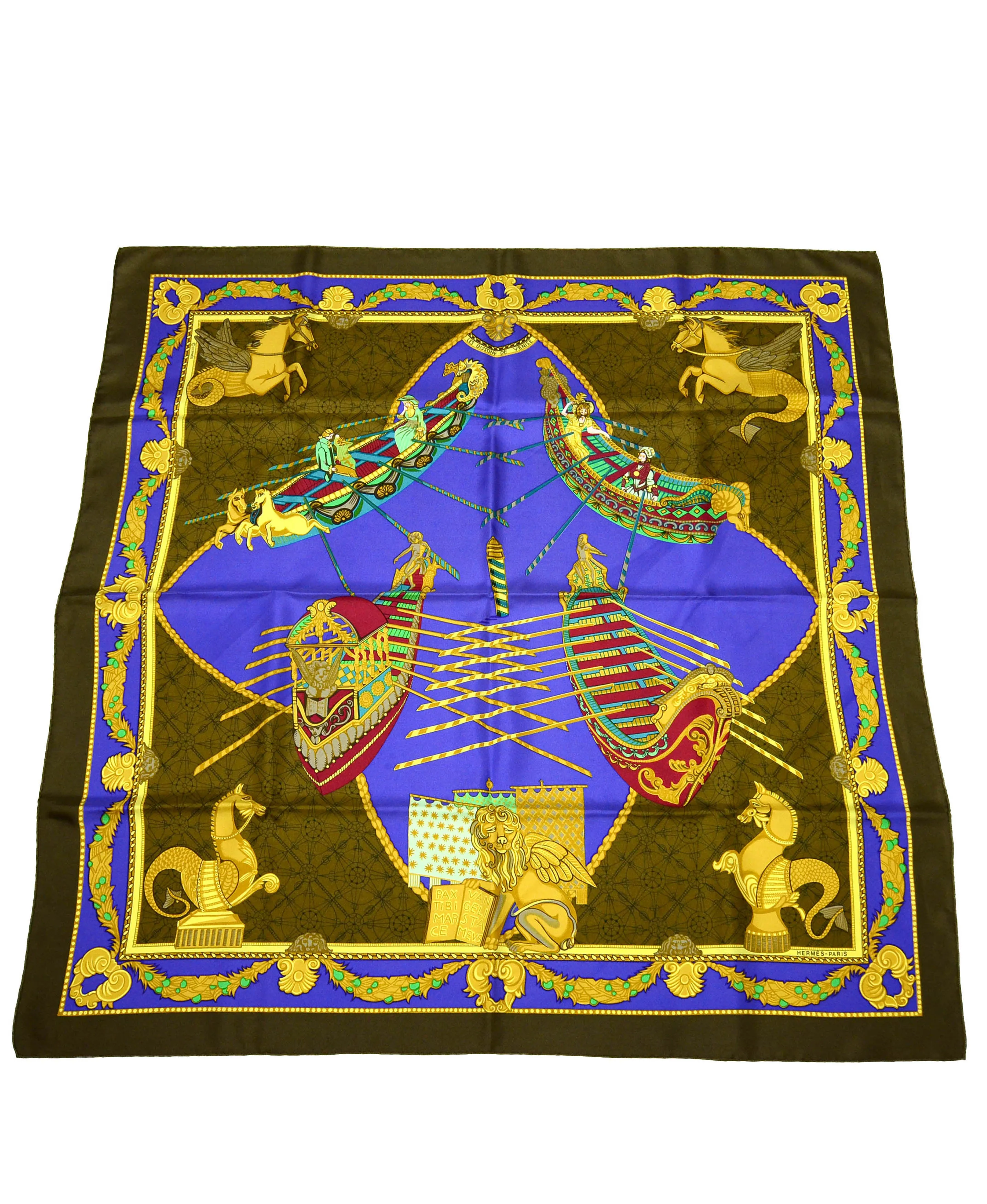 Hermes Blue/Gold Les Bissone de Venise 90cm Silk Scarf