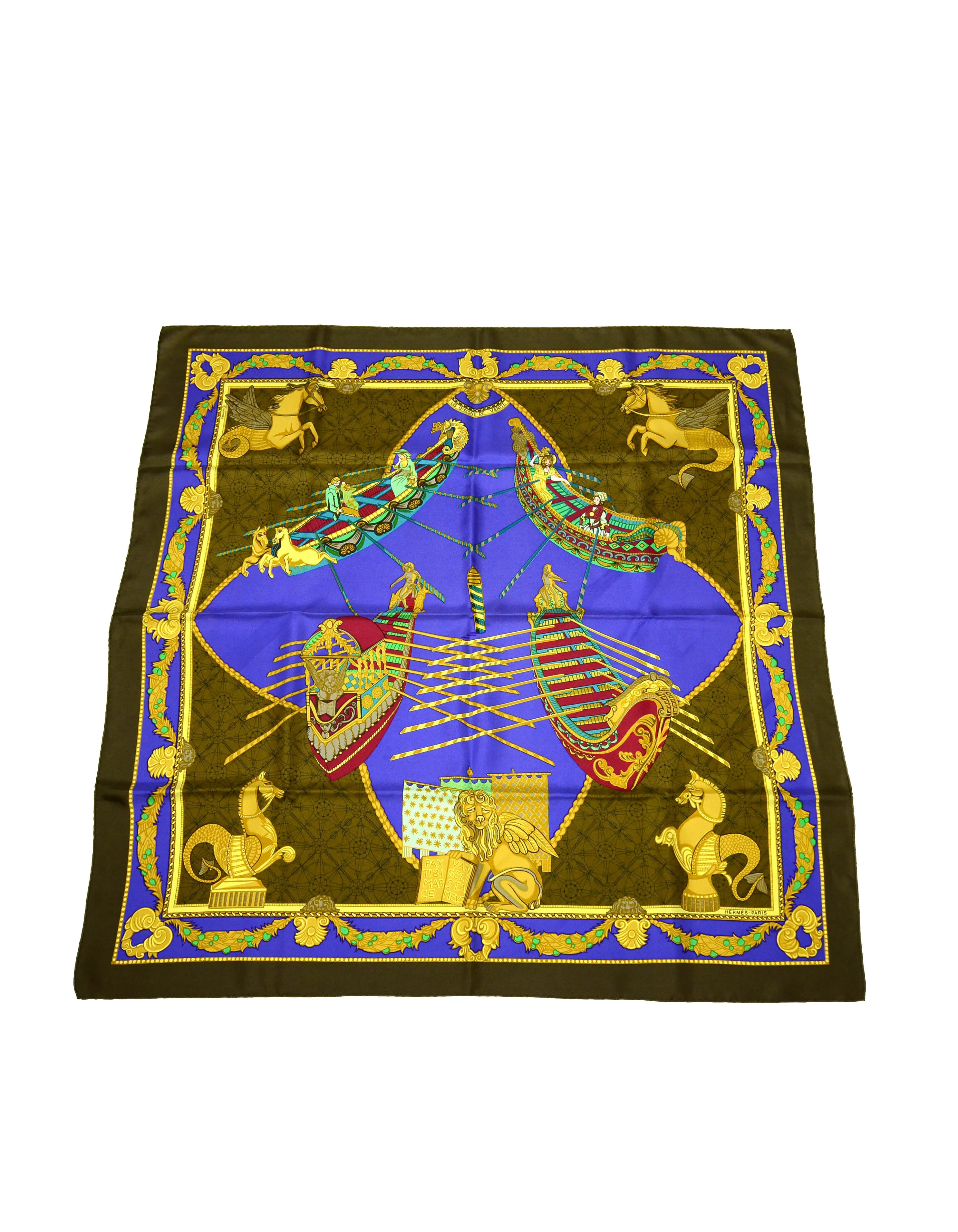 Hermes Blue/Gold Les Bissone de Venise 90cm Silk Scarf