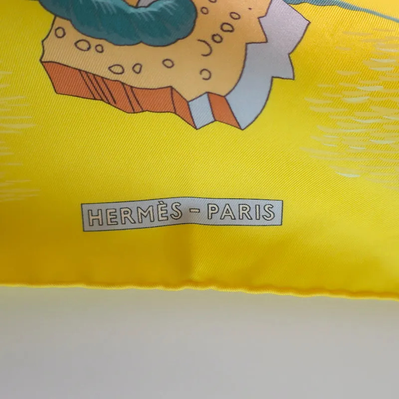 Hermes Bouteilles a la Mer by Pierre Peron 90cm Scarf Yellow Silk Twill