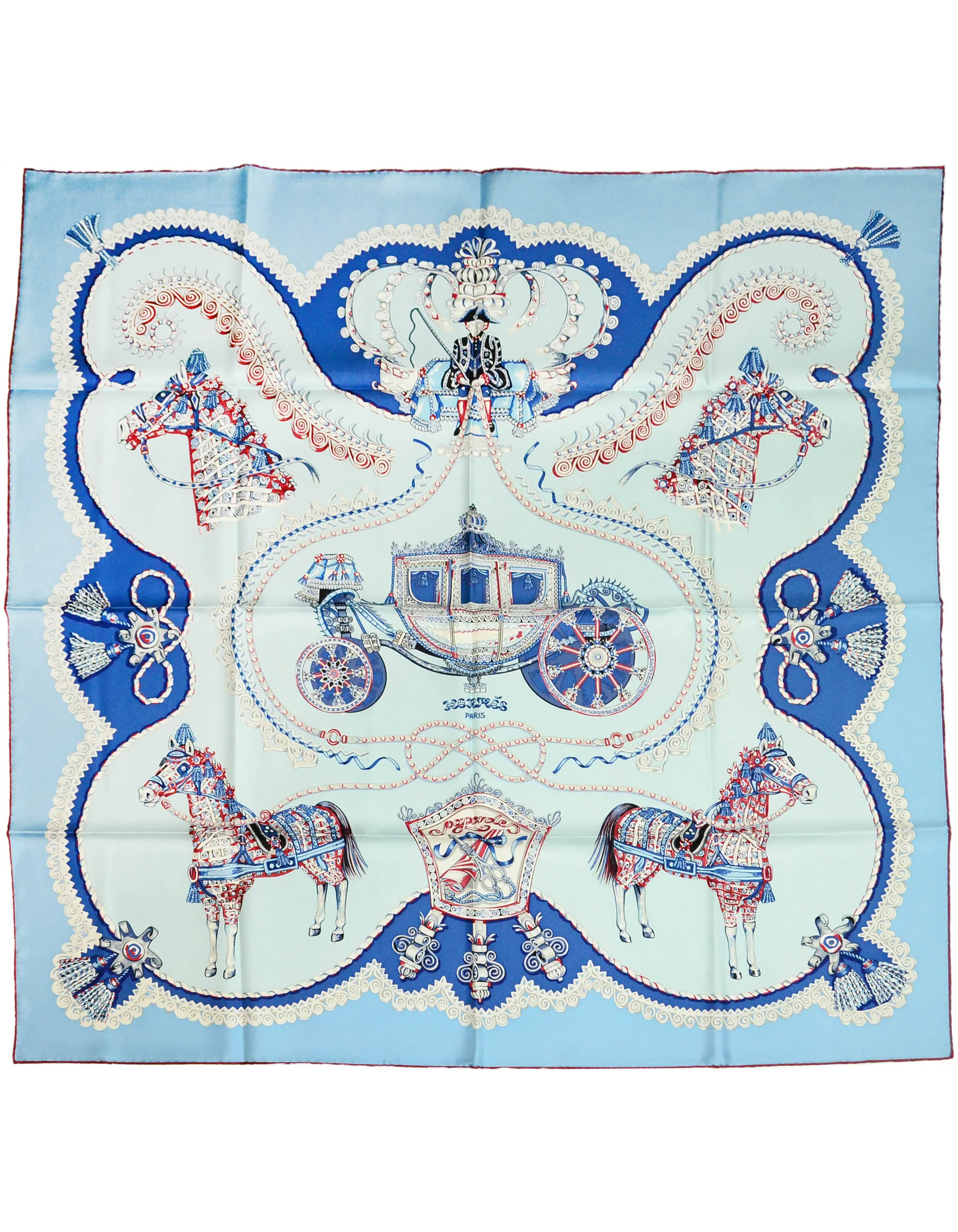 Hermes Ciel/Blue Glacier/Bordeaux “Paperoles” 90cm Silk Scarf