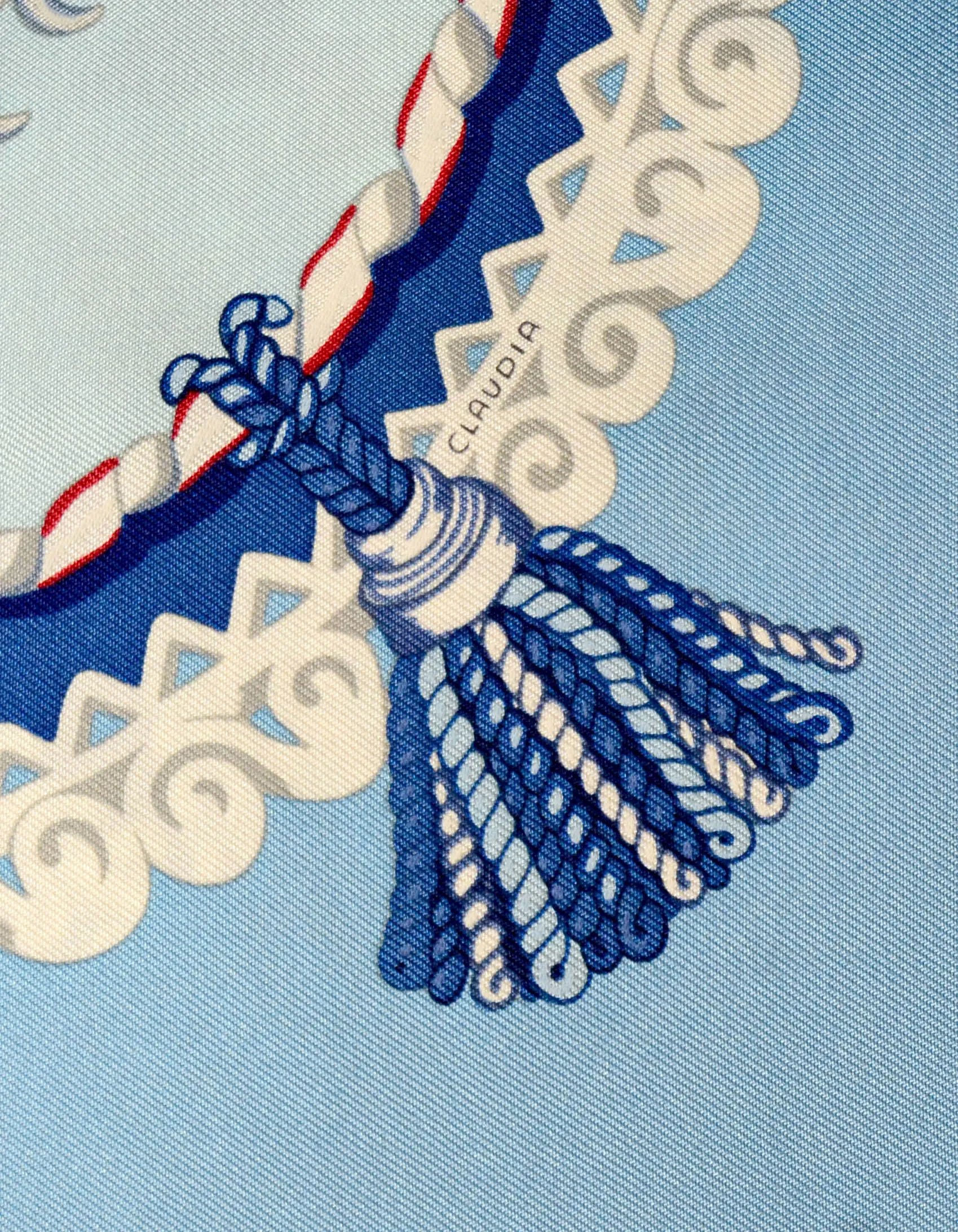 Hermes Ciel/Blue Glacier/Bordeaux “Paperoles” 90cm Silk Scarf