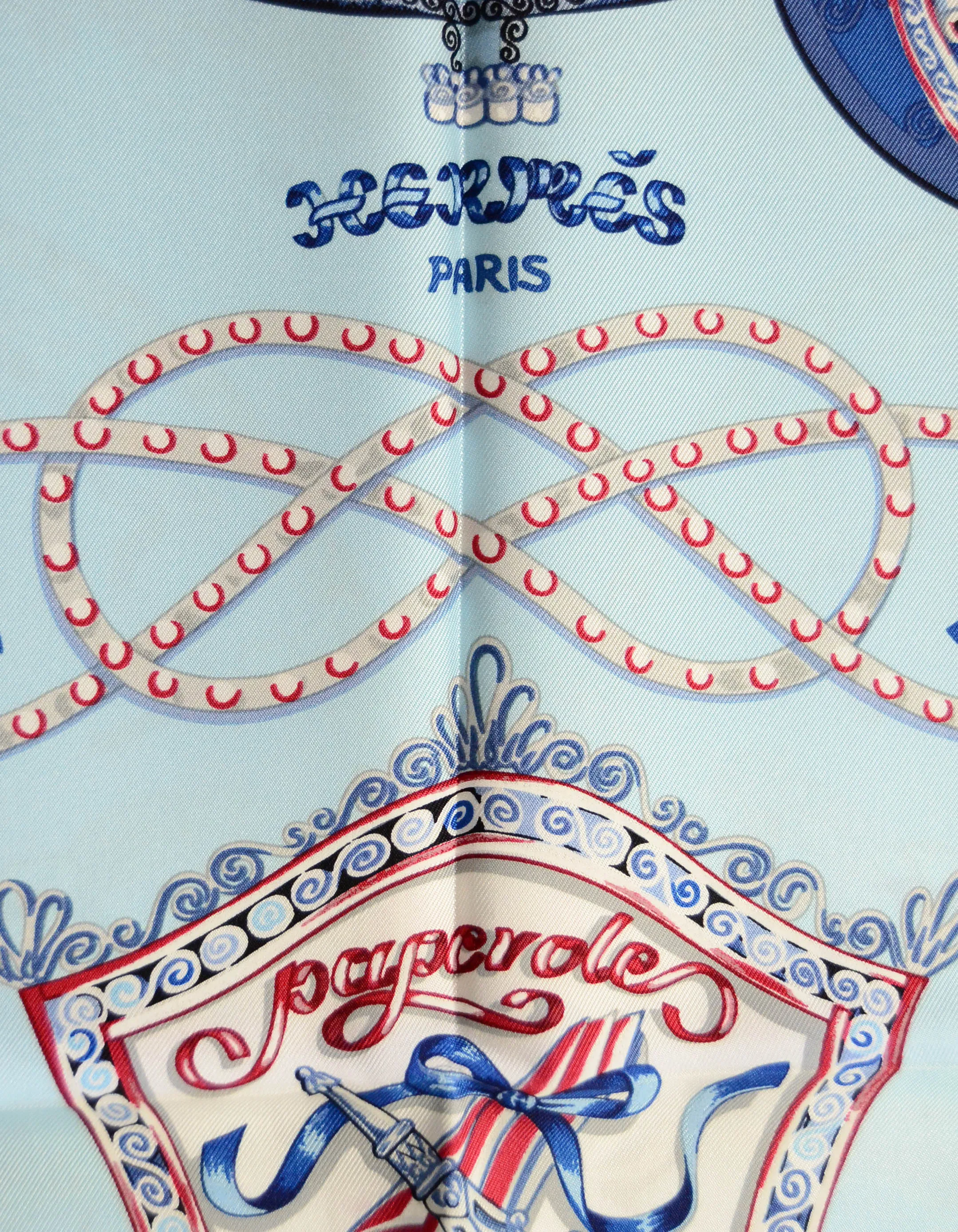 Hermes Ciel/Blue Glacier/Bordeaux “Paperoles” 90cm Silk Scarf