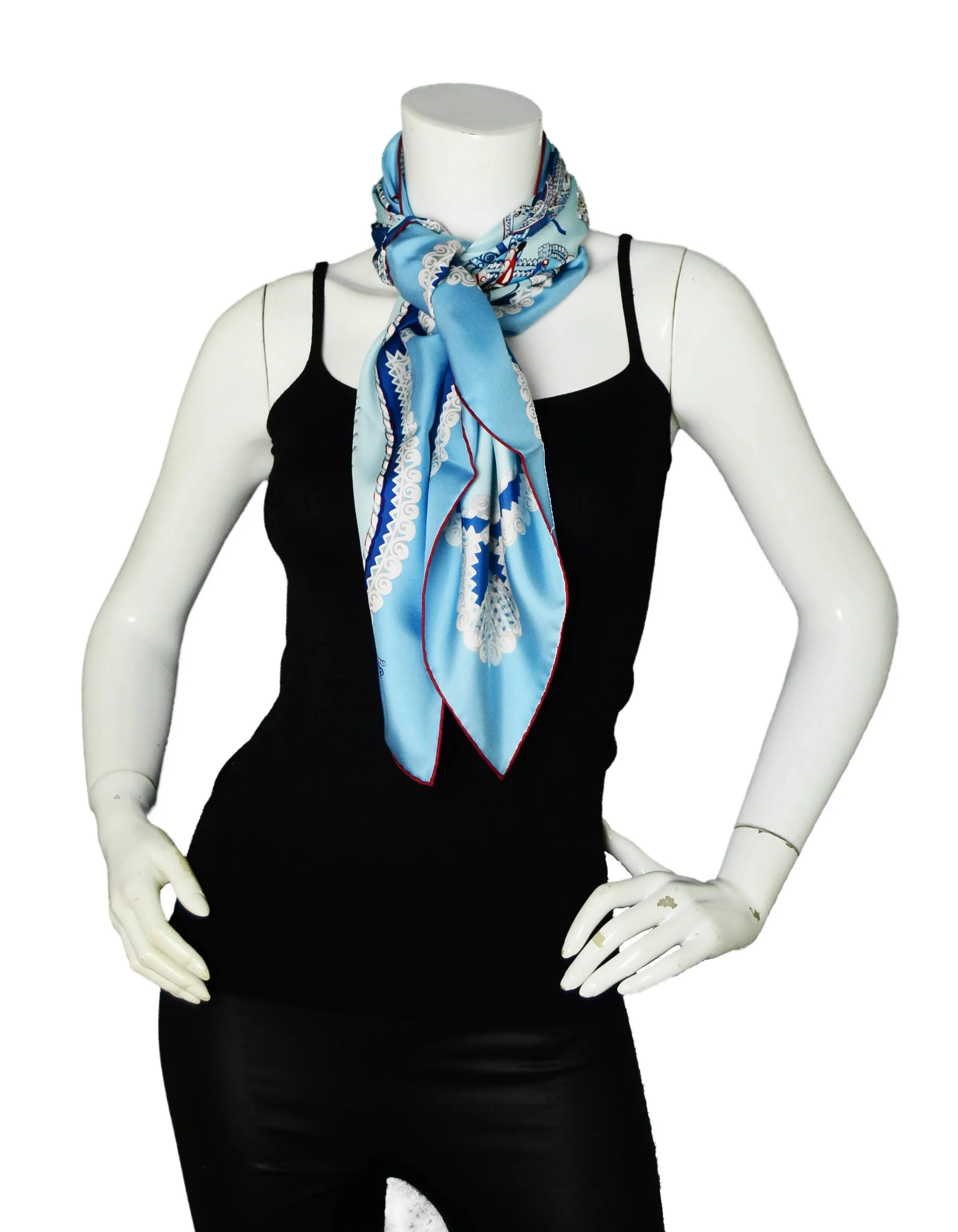 Hermes Ciel/Blue Glacier/Bordeaux “Paperoles” 90cm Silk Scarf