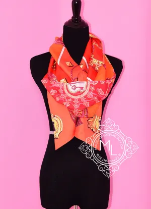 Hermes Corail Orange Rouge Les Clés Silk Maxi Twilly Shawl Scarf Wrap