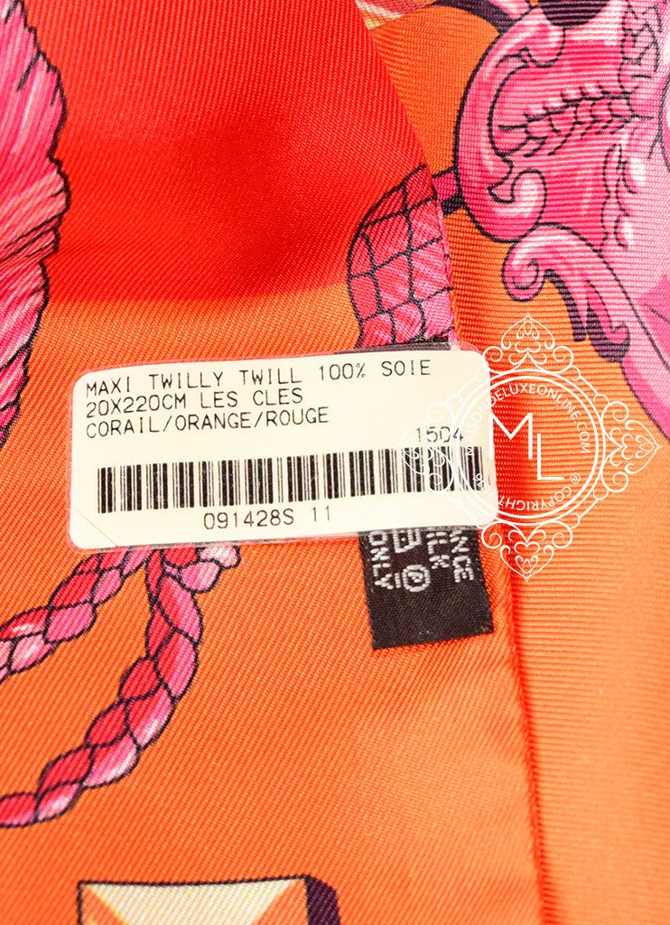 Hermes Corail Orange Rouge Les Clés Silk Maxi Twilly Shawl Scarf Wrap