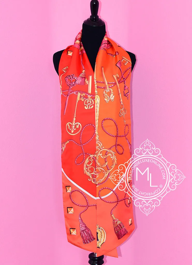 Hermes Corail Orange Rouge Les Clés Silk Maxi Twilly Shawl Scarf Wrap