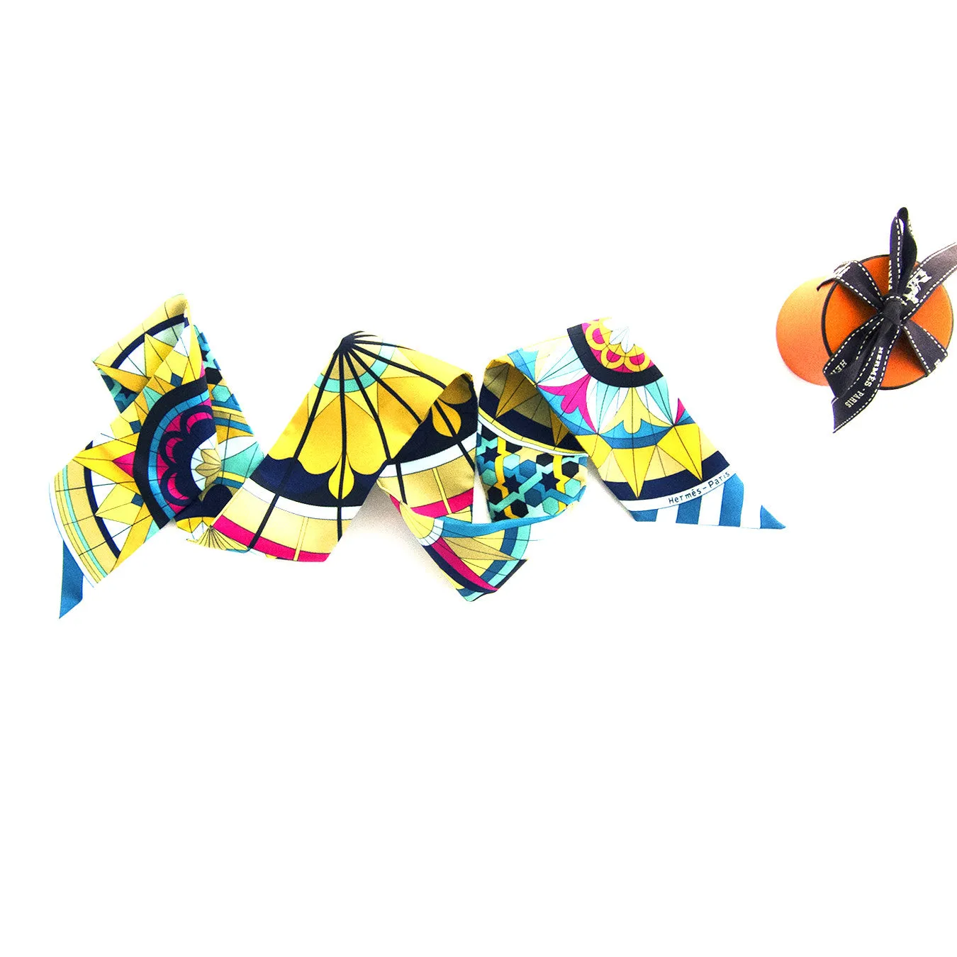 Hermes Geometric Floral Yellow Blue Pink Silk Twilly Scarf