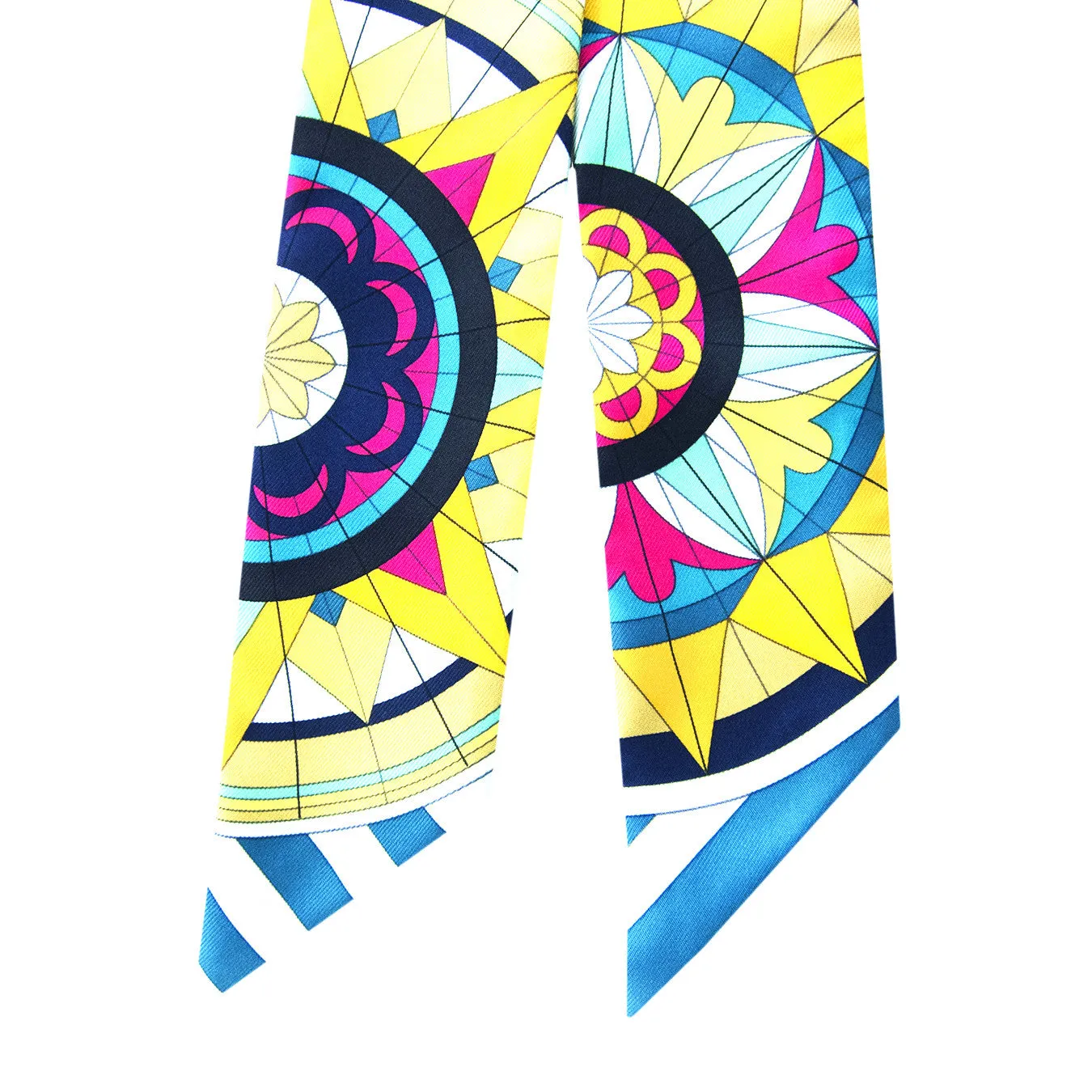 Hermes Geometric Floral Yellow Blue Pink Silk Twilly Scarf