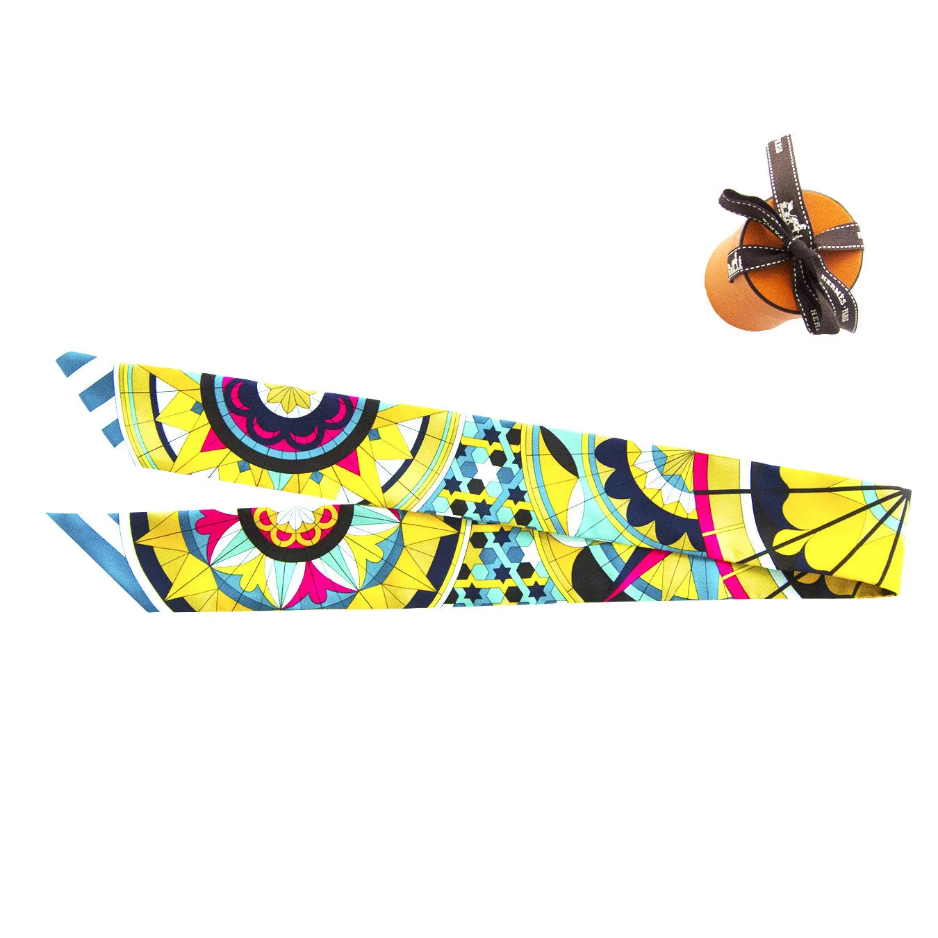 Hermes Geometric Floral Yellow Blue Pink Silk Twilly Scarf