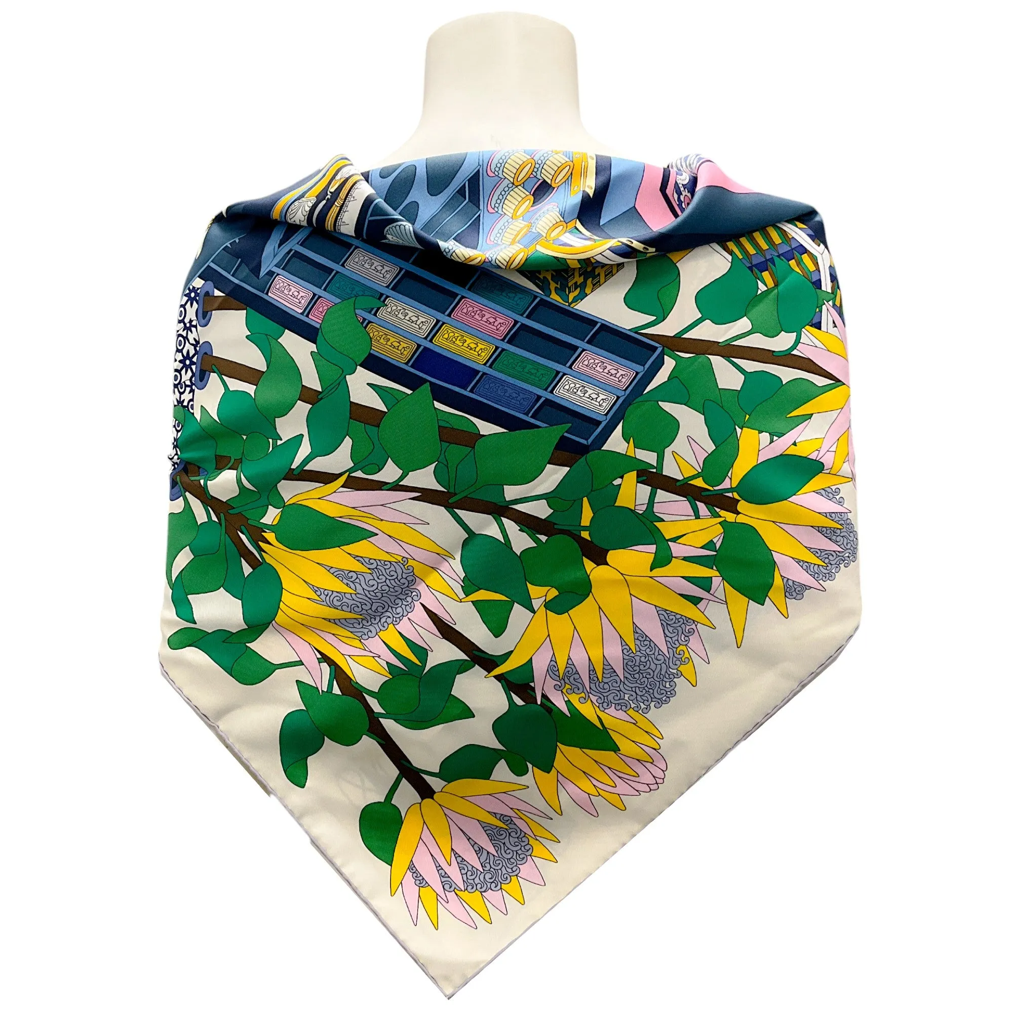 Hermes Ivory / Blue / Pink Multi Les Tresors d'Un Artiste Square Silk Twill Scarf