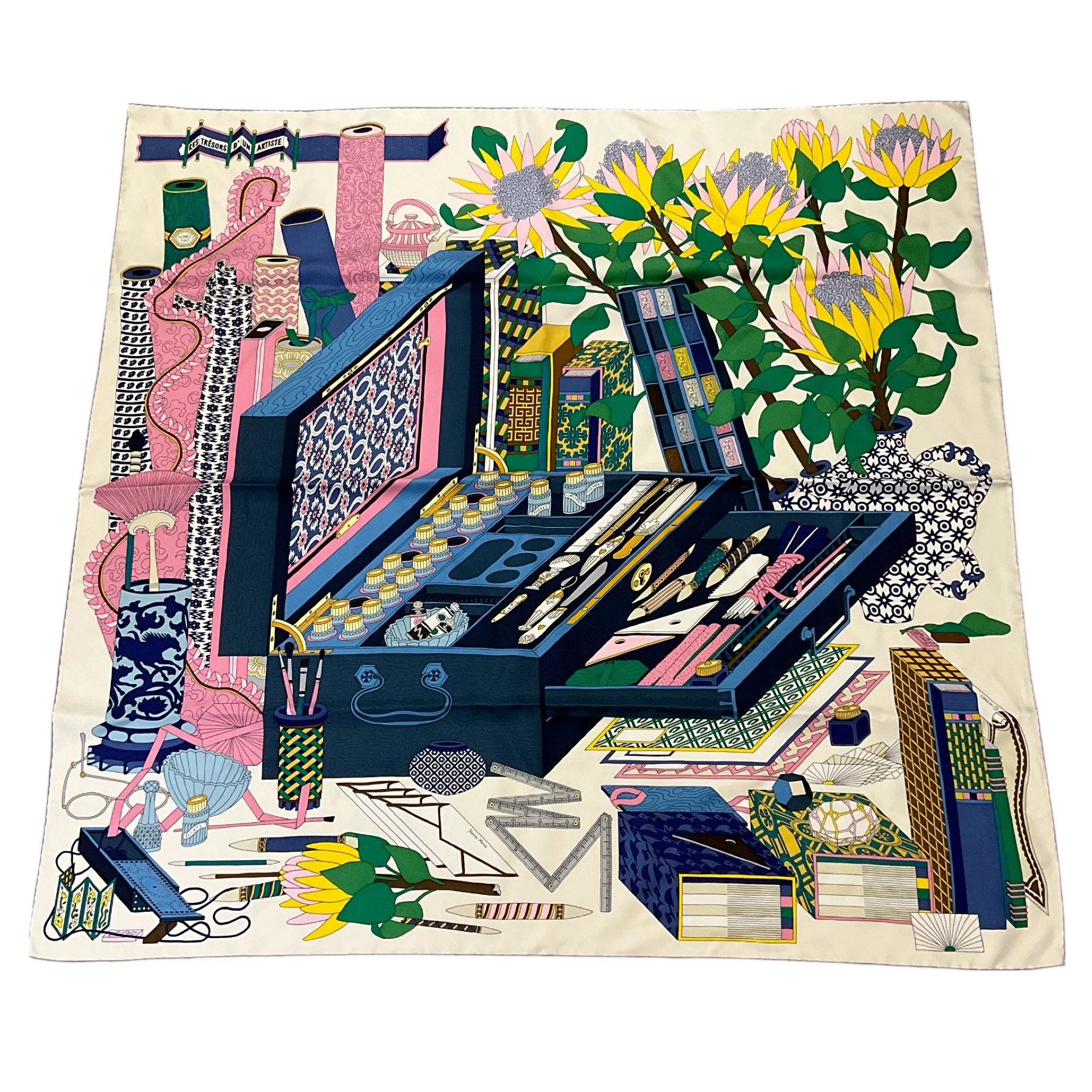 Hermes Ivory / Blue / Pink Multi Les Tresors d'Un Artiste Square Silk Twill Scarf