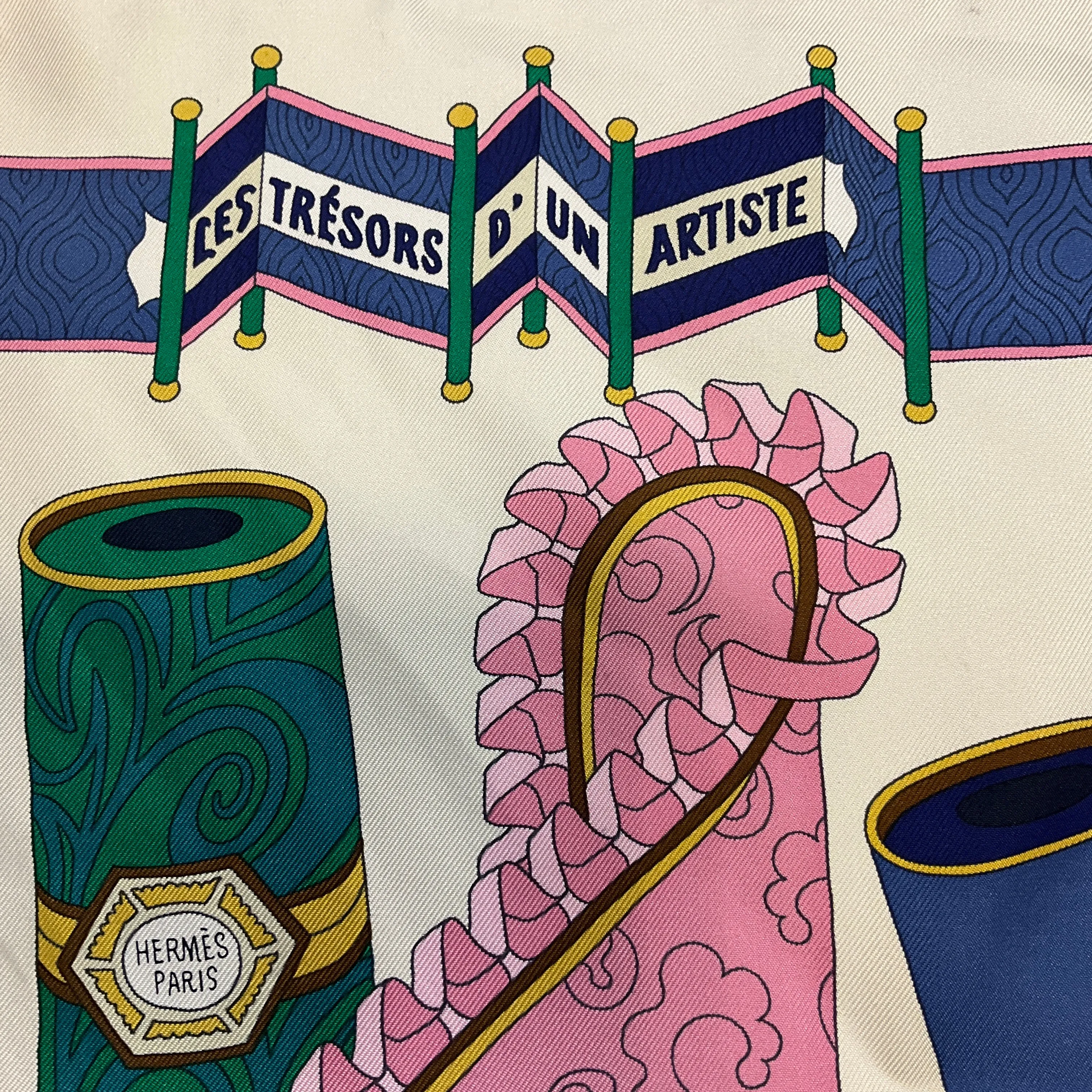 Hermes Ivory / Blue / Pink Multi Les Tresors d'Un Artiste Square Silk Twill Scarf