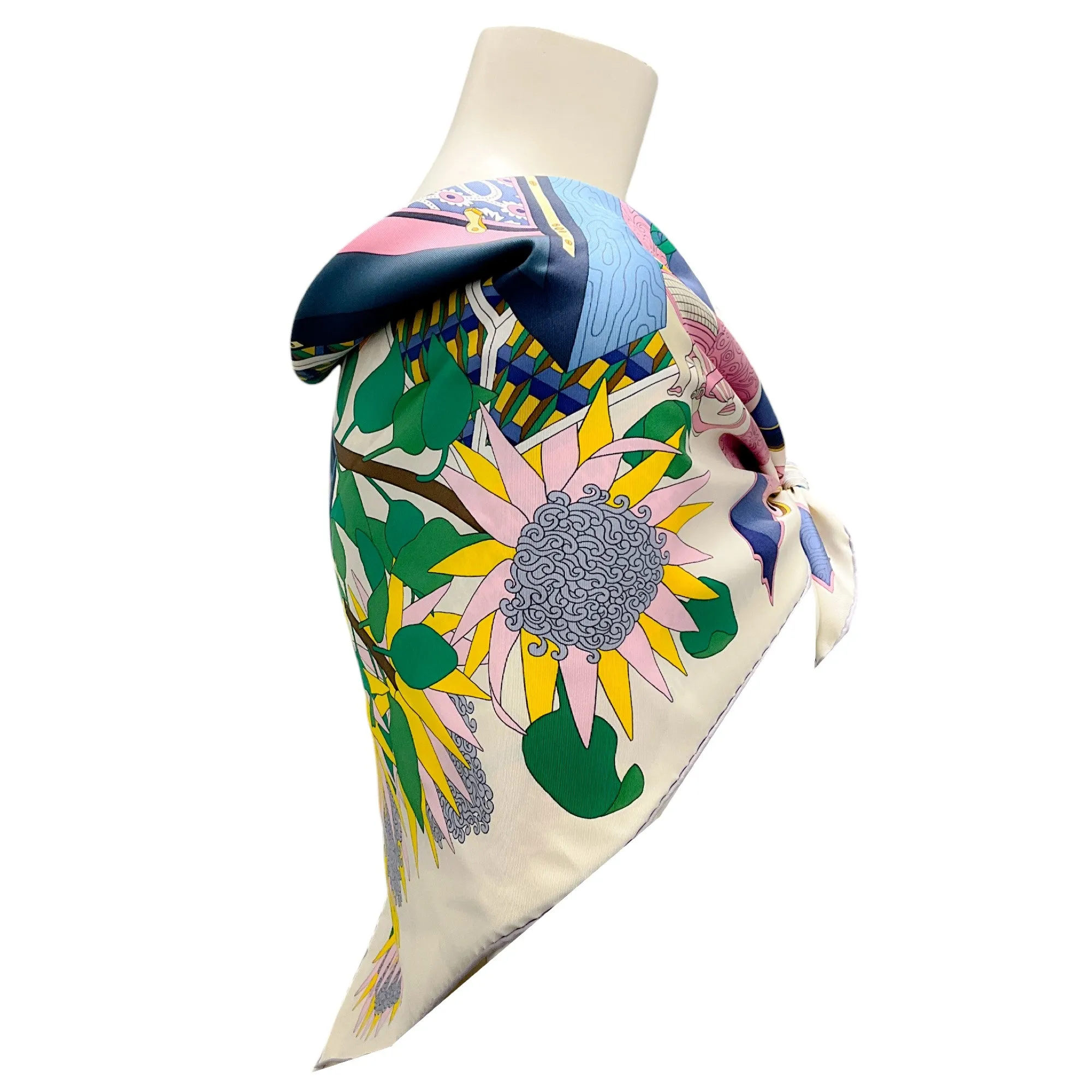 Hermes Ivory / Blue / Pink Multi Les Tresors d'Un Artiste Square Silk Twill Scarf