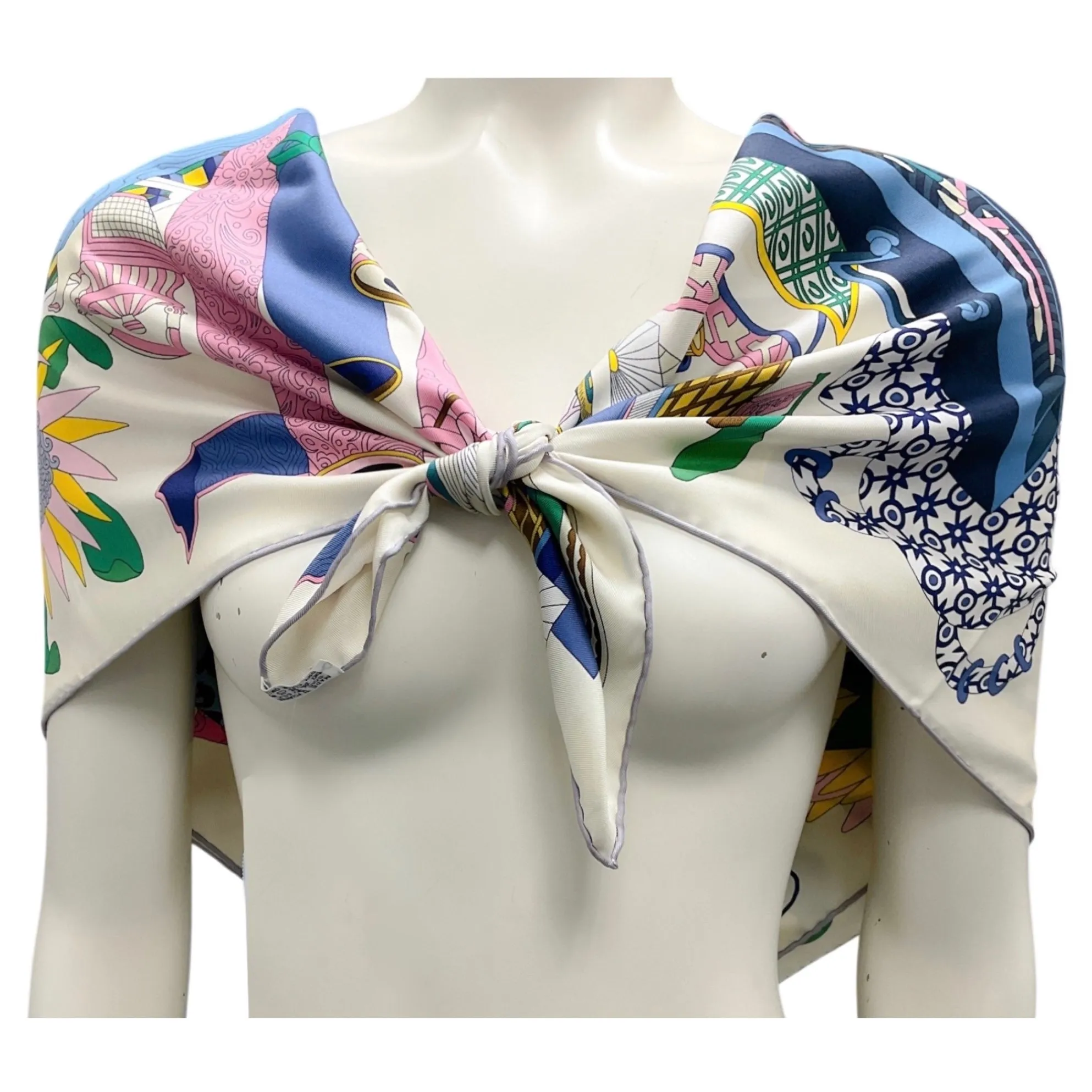 Hermes Ivory / Blue / Pink Multi Les Tresors d'Un Artiste Square Silk Twill Scarf