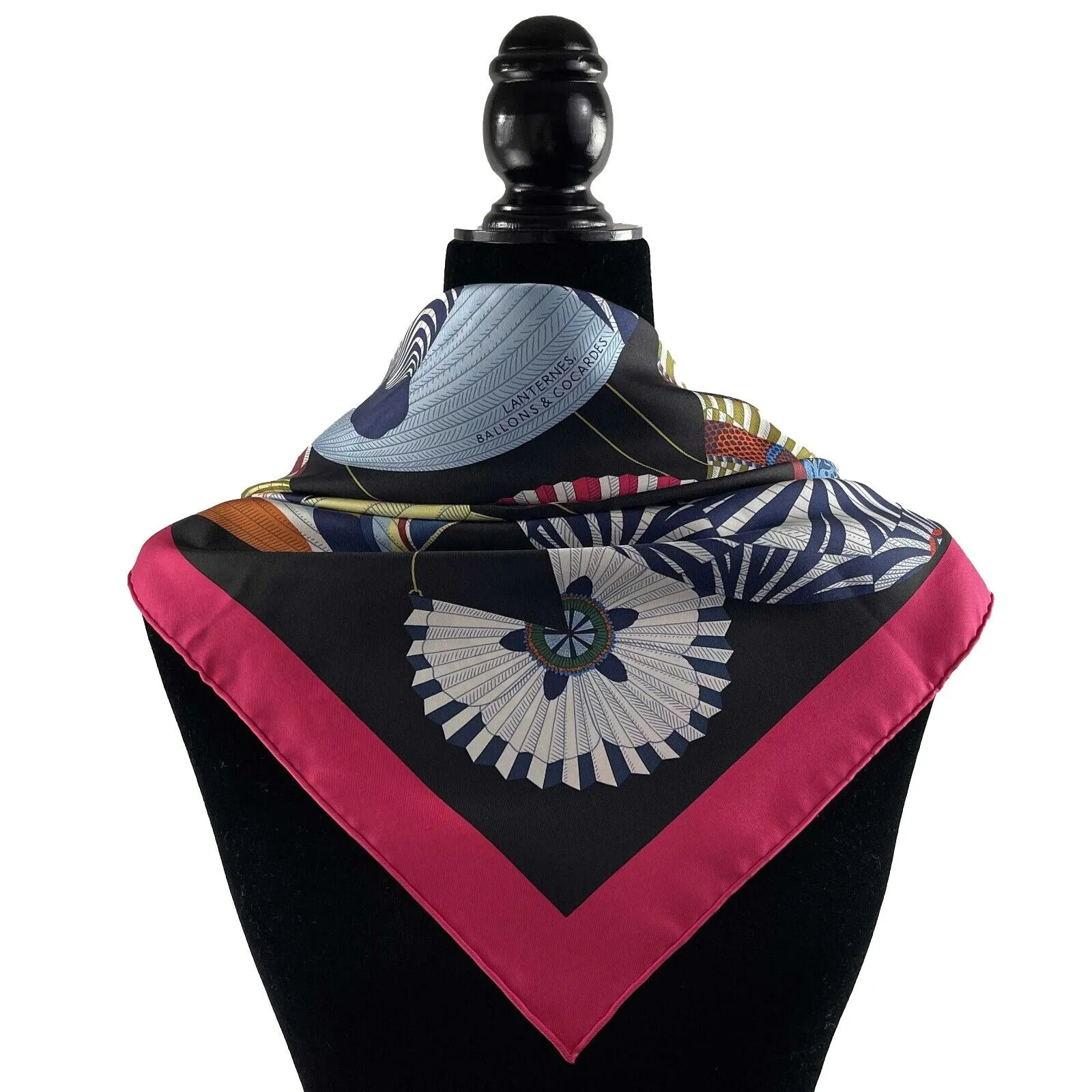 Hermes Lanternes Ballons et Cocardes Silk Black / Fuchsia Scarf - 90cm -OS