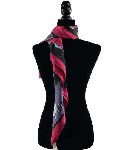 Hermes Lanternes Ballons et Cocardes Silk Black / Fuchsia Scarf - 90cm -OS