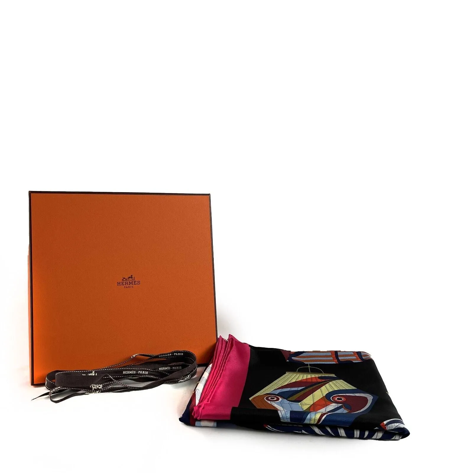 Hermes Lanternes Ballons et Cocardes Silk Black / Fuchsia Scarf - 90cm -OS