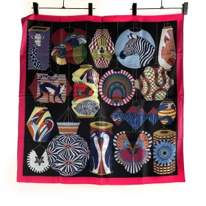 Hermes Lanternes Ballons et Cocardes Silk Black / Fuchsia Scarf - 90cm -OS