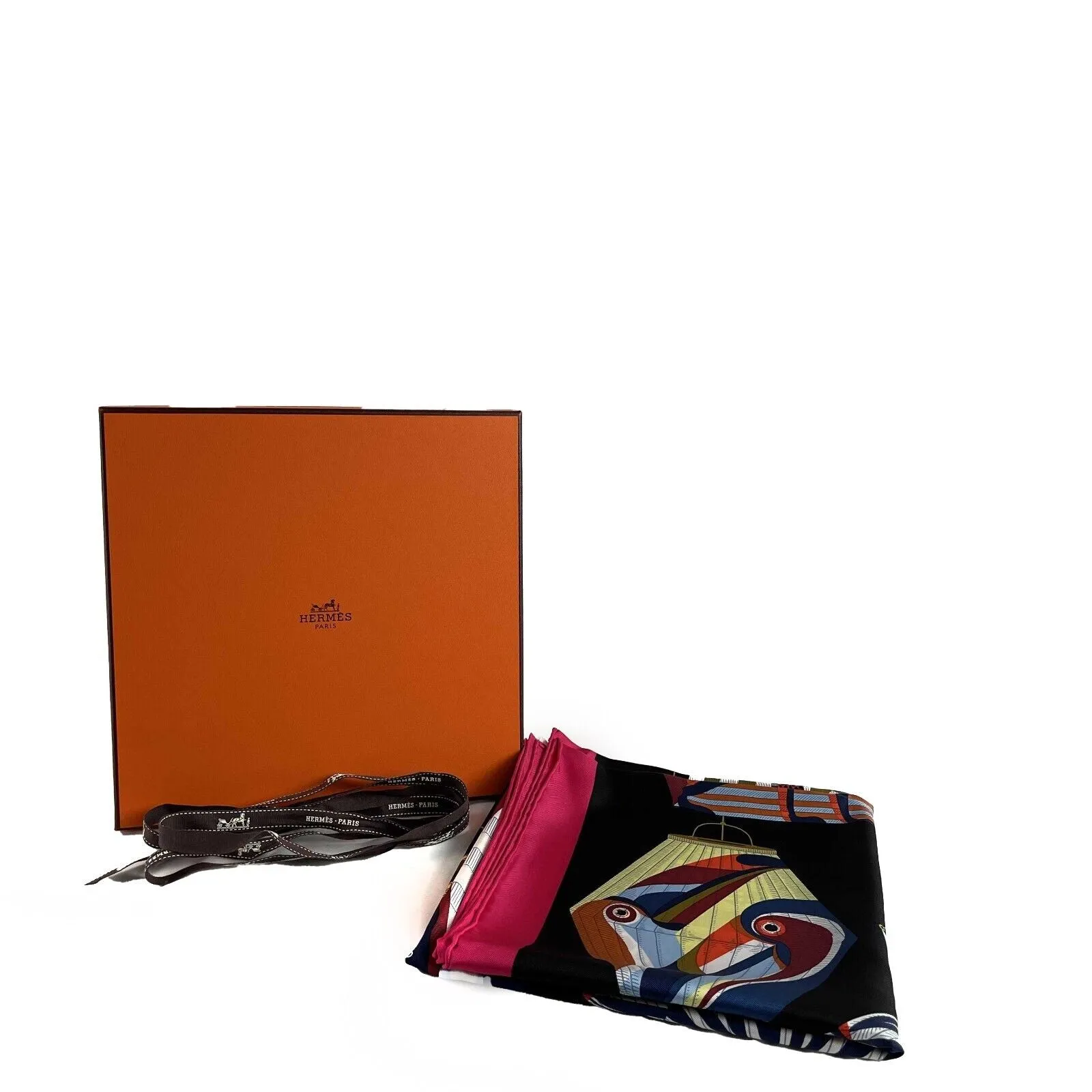 Hermes Lanternes Ballons et Cocardes Silk Black / Fuchsia Scarf - 90cm -OS