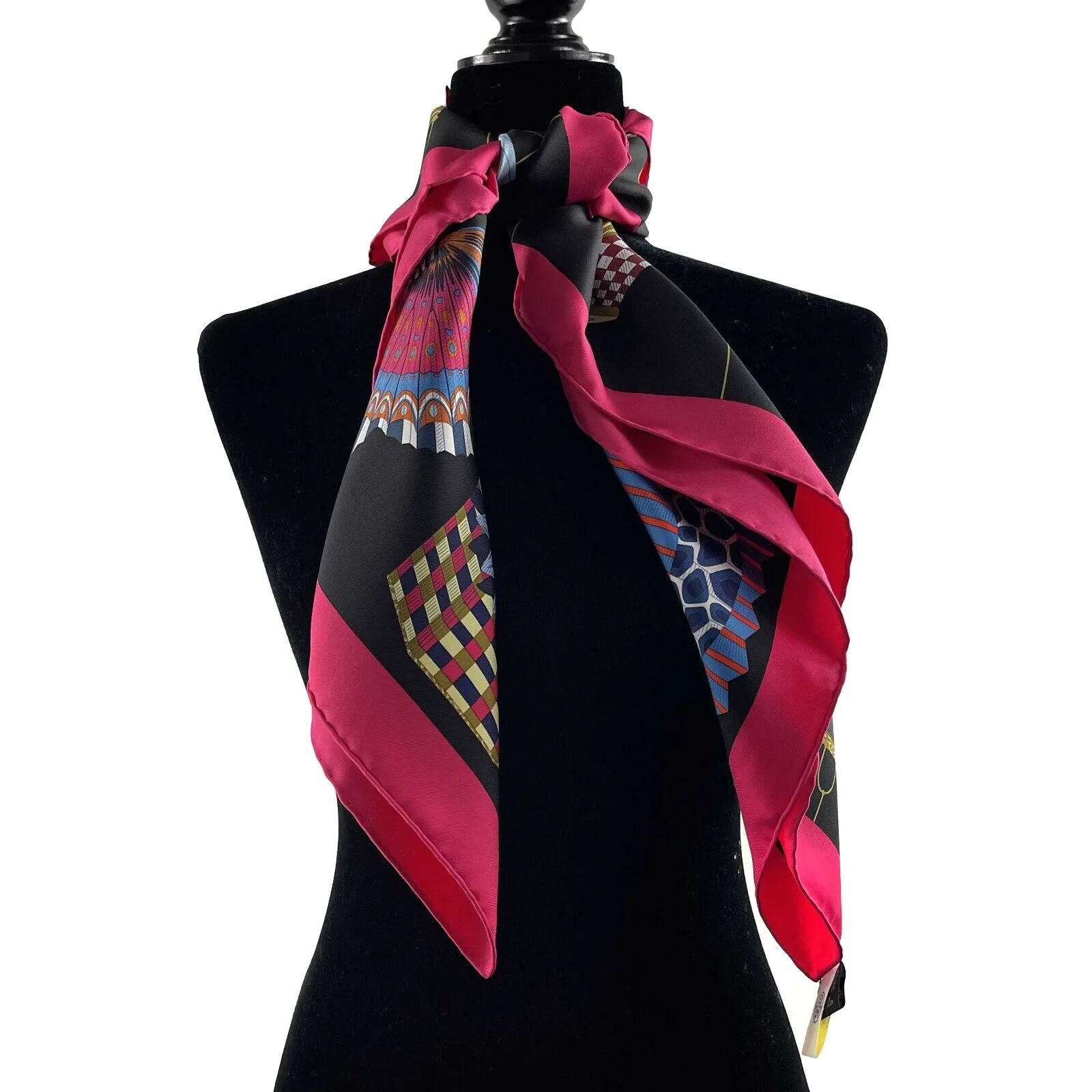 Hermes Lanternes Ballons et Cocardes Silk Black / Fuchsia Scarf - 90cm -OS