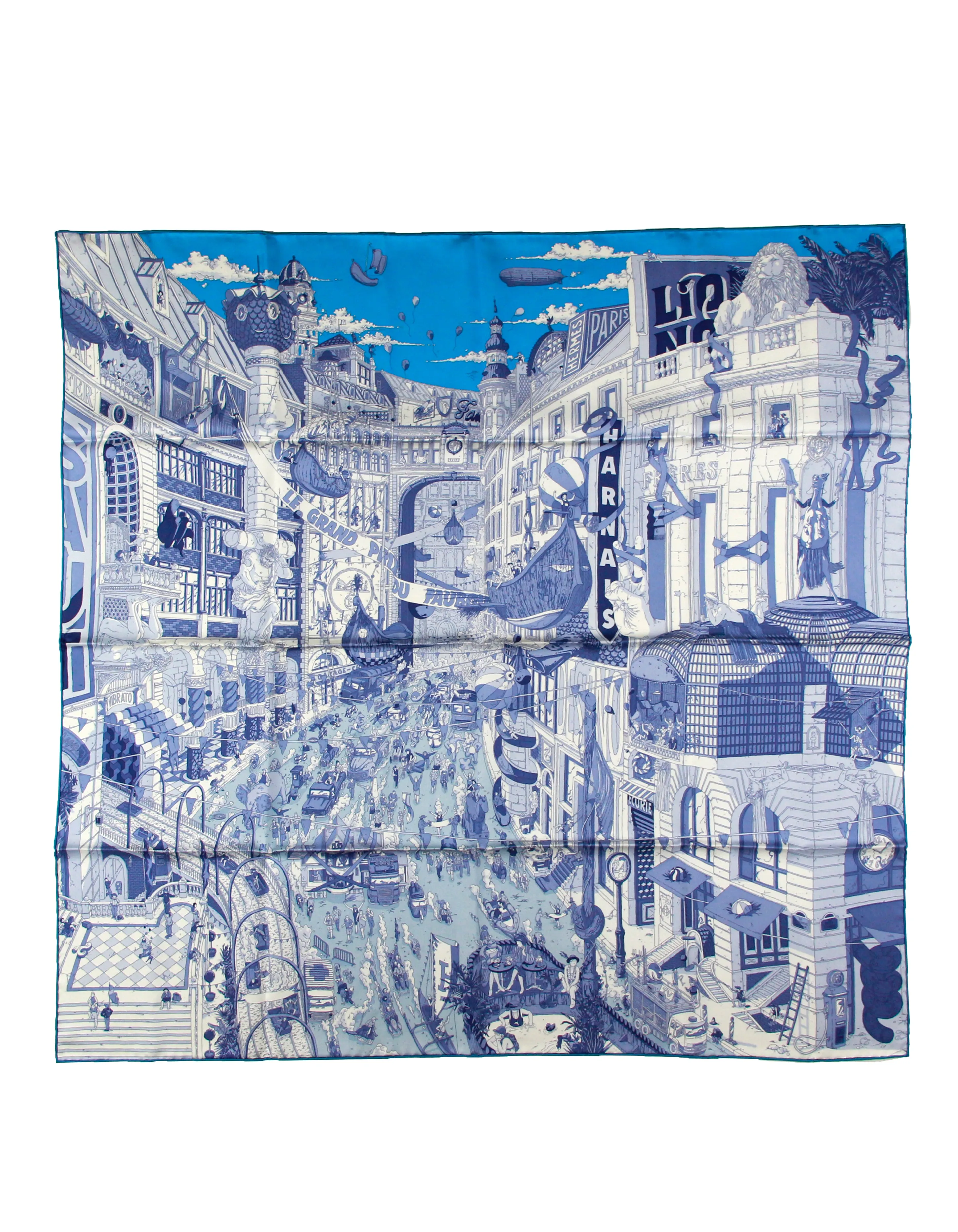 Hermes NEW Blue Grand Prix au Faubourg 90cm Silk Scarf