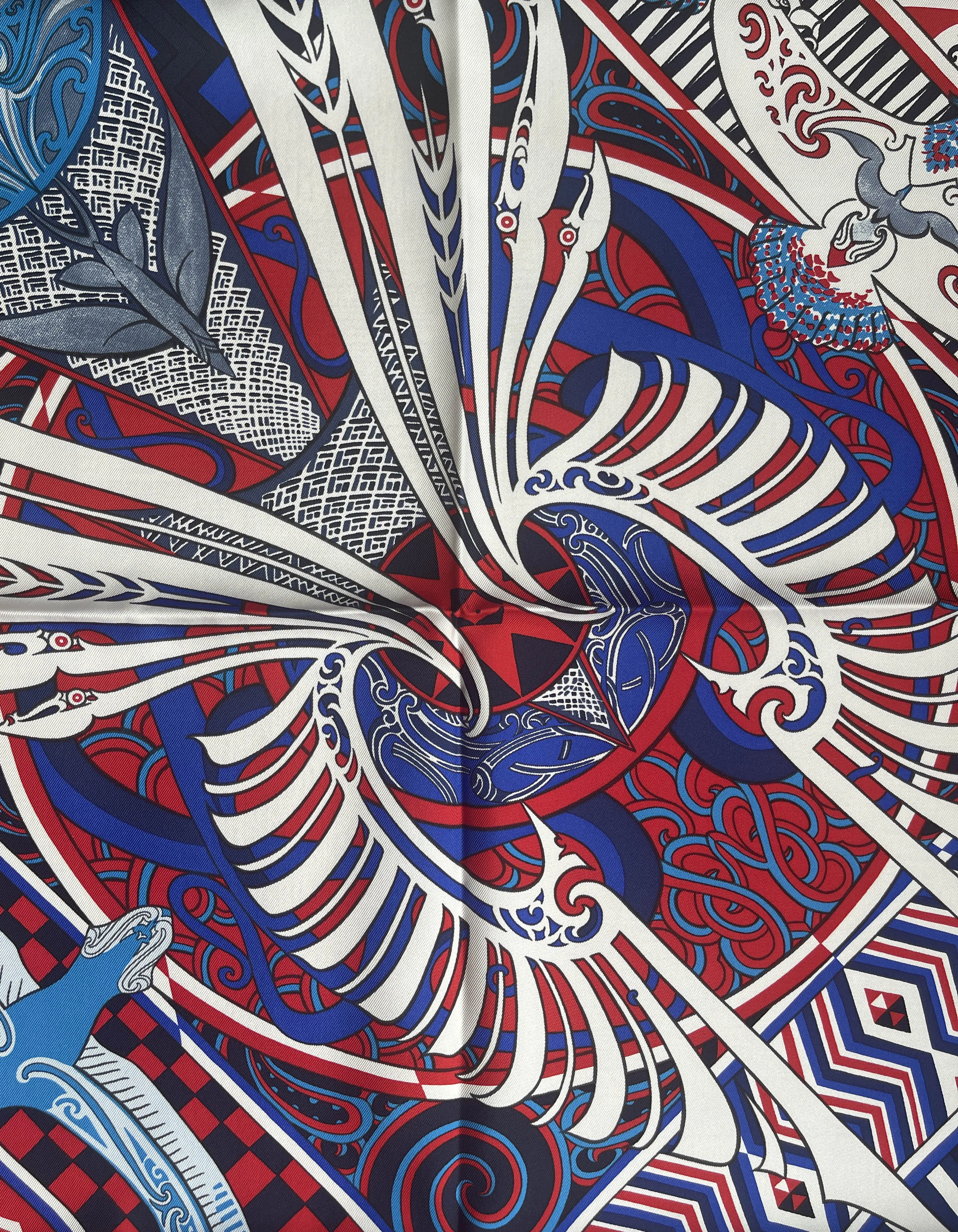 Hermes NEW Blue/Red/White Kawa Ora 90cm Silk Scarf