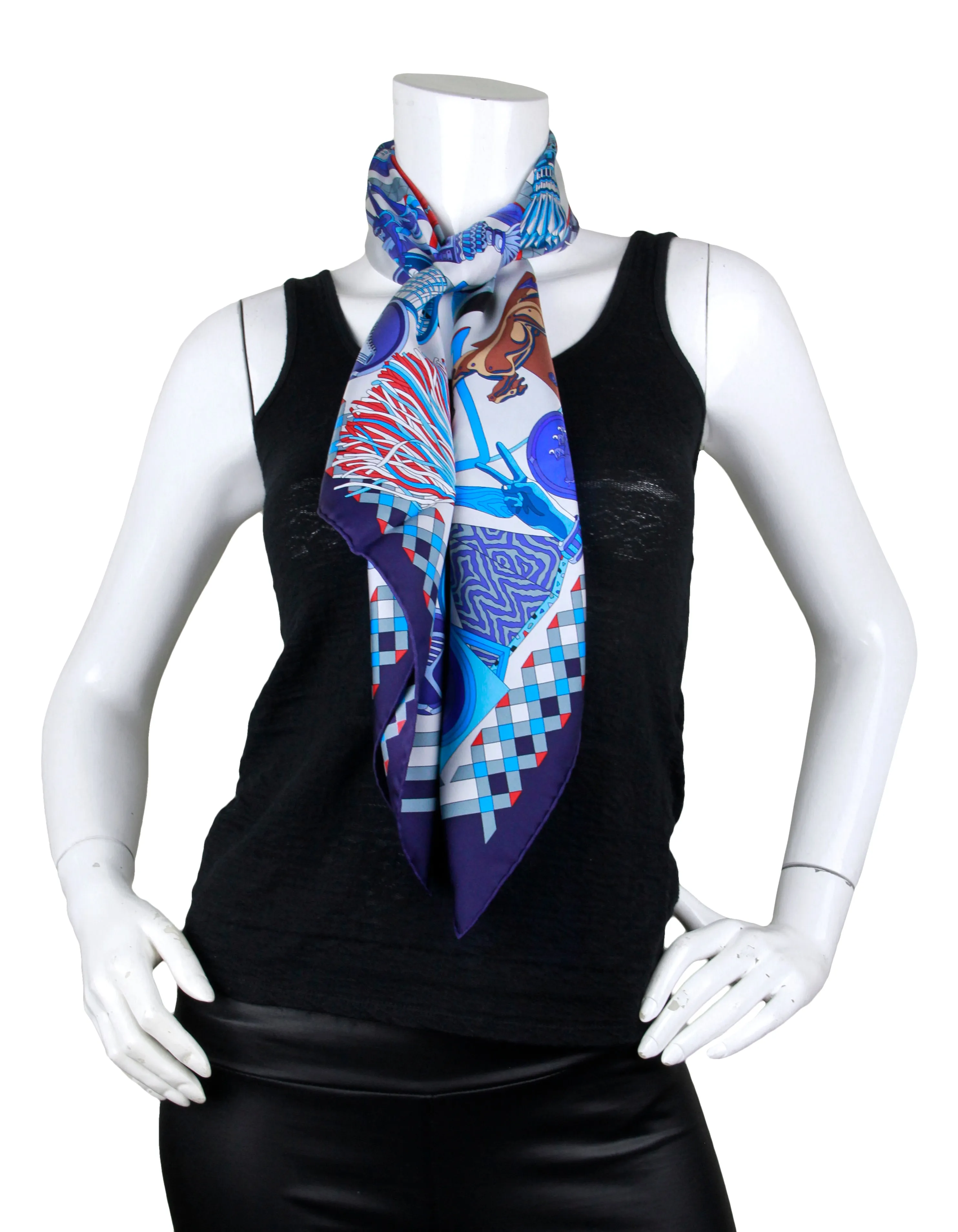Hermes NEW Blue/Red/White Les Trophees 90cm Silk Scarf
