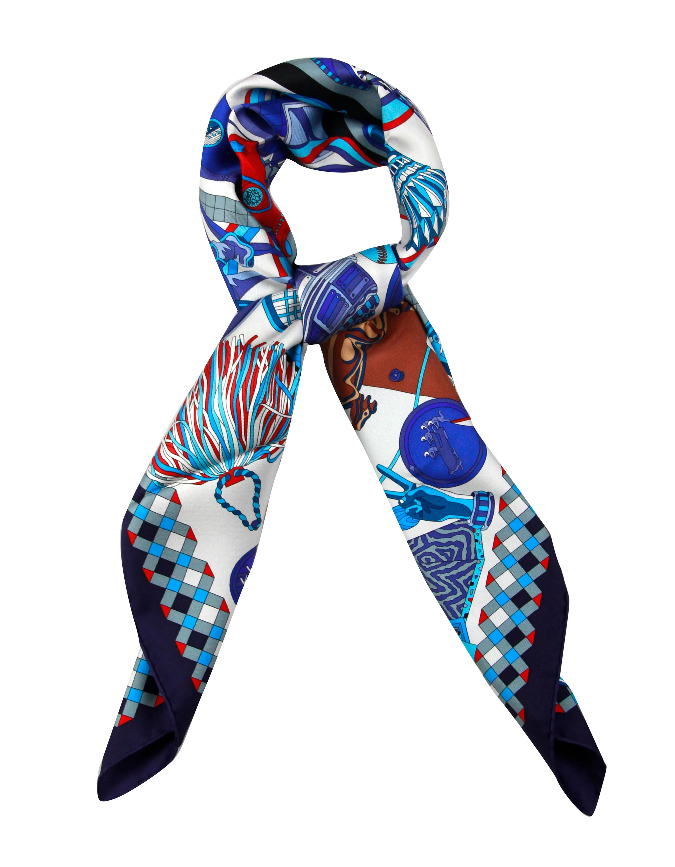 Hermes NEW Blue/Red/White Les Trophees 90cm Silk Scarf