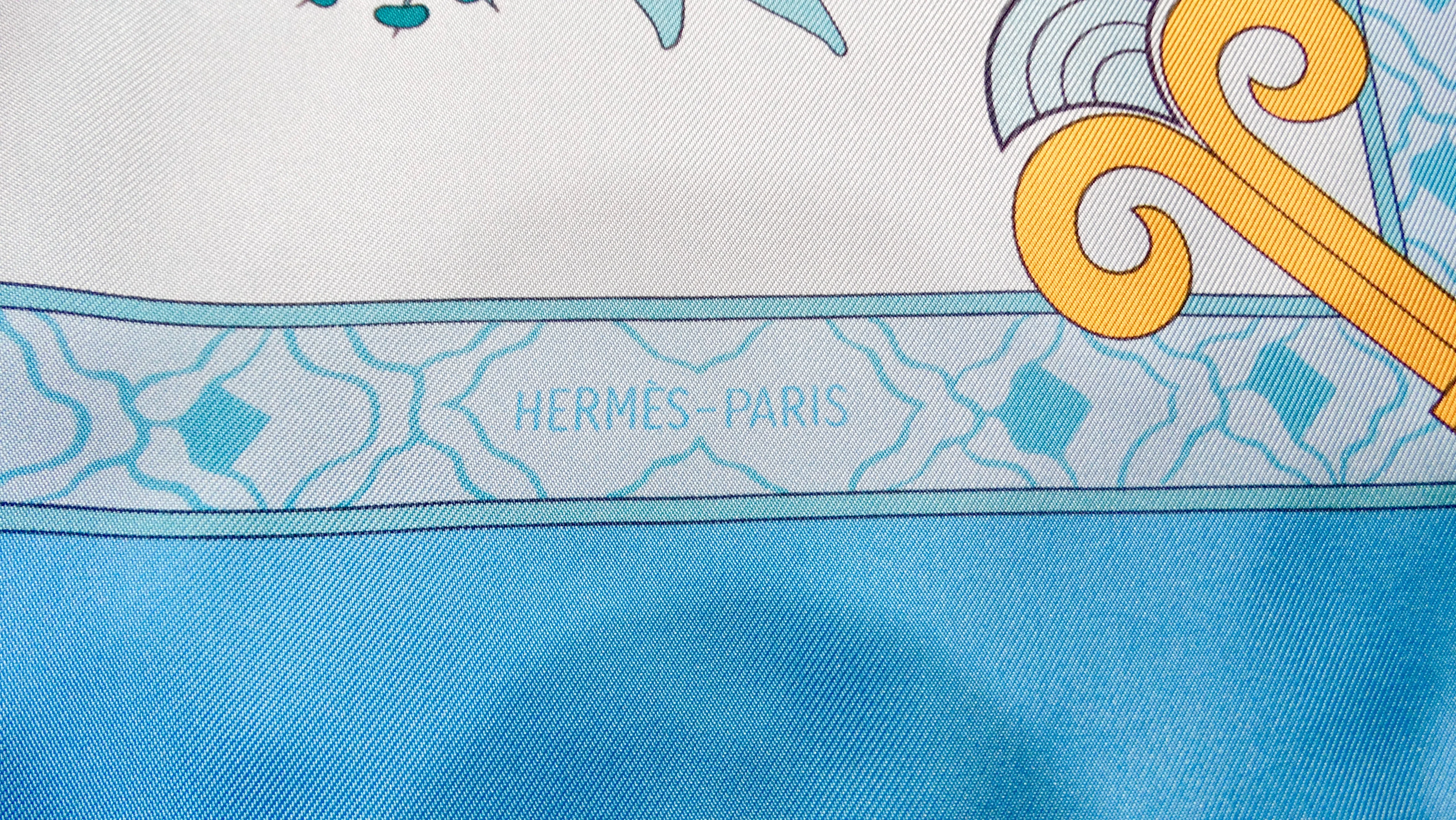 Hermes "Les Printemps de Thera" 90 cm Blue Silk Printed Scarf