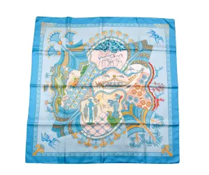 Hermes "Les Printemps de Thera" 90 cm Blue Silk Printed Scarf