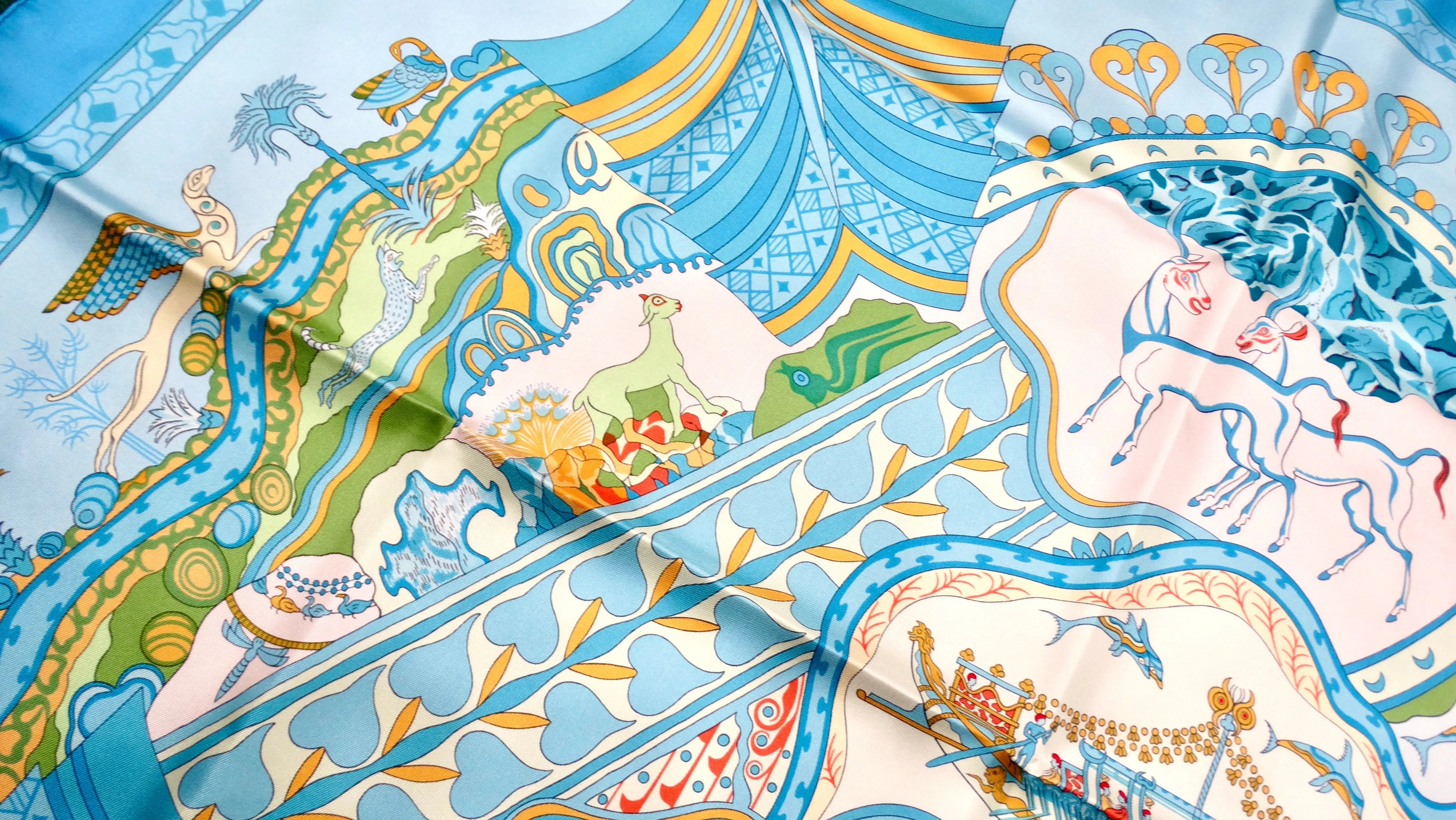 Hermes "Les Printemps de Thera" 90 cm Blue Silk Printed Scarf