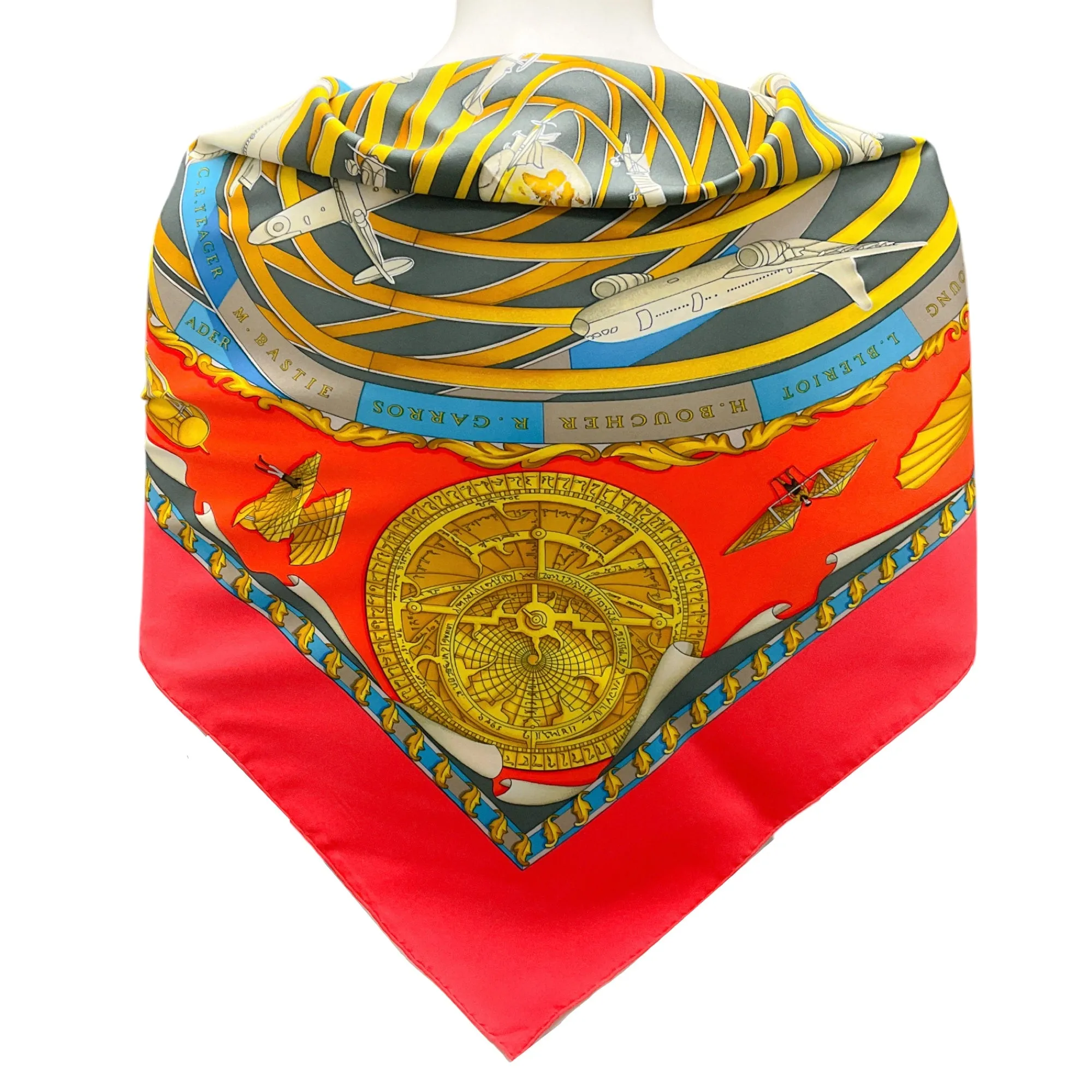 Hermes Red Multi Reves d’Espace Aircraft Print Square Silk Twill Scarf