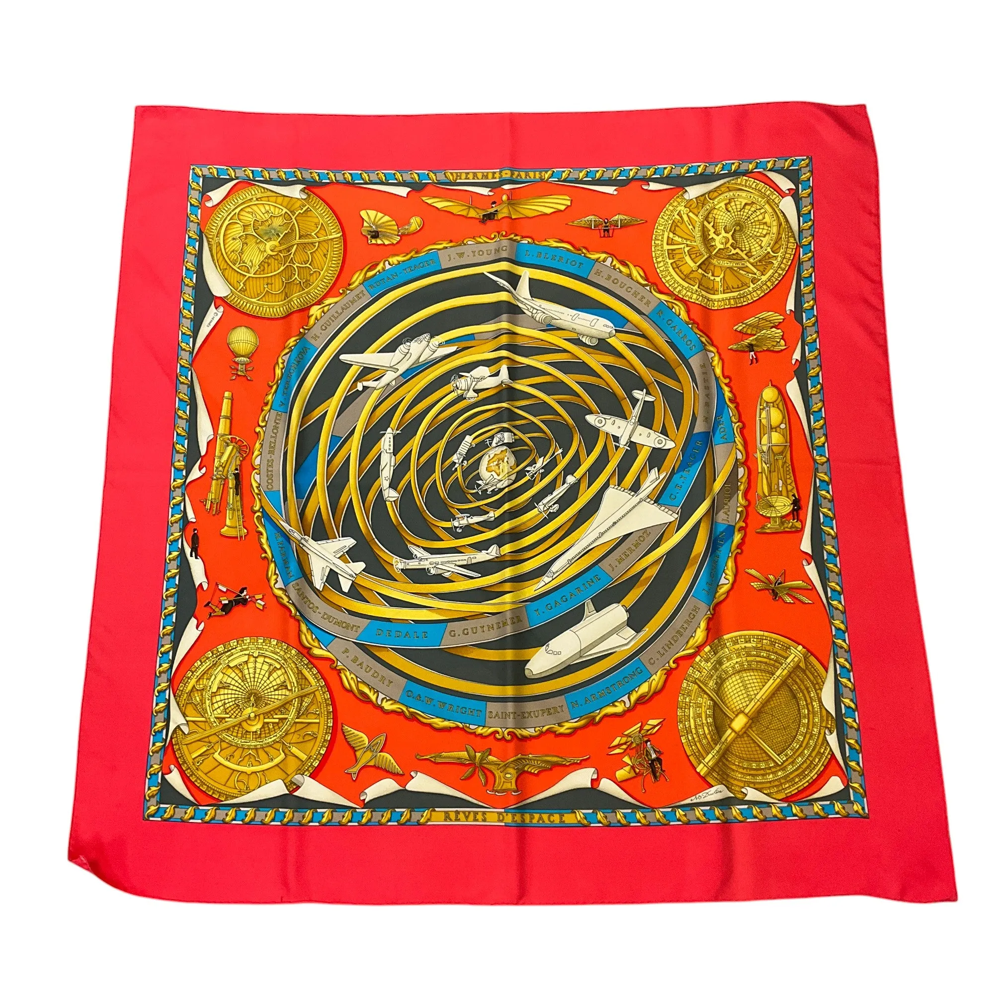Hermes Red Multi Reves d’Espace Aircraft Print Square Silk Twill Scarf
