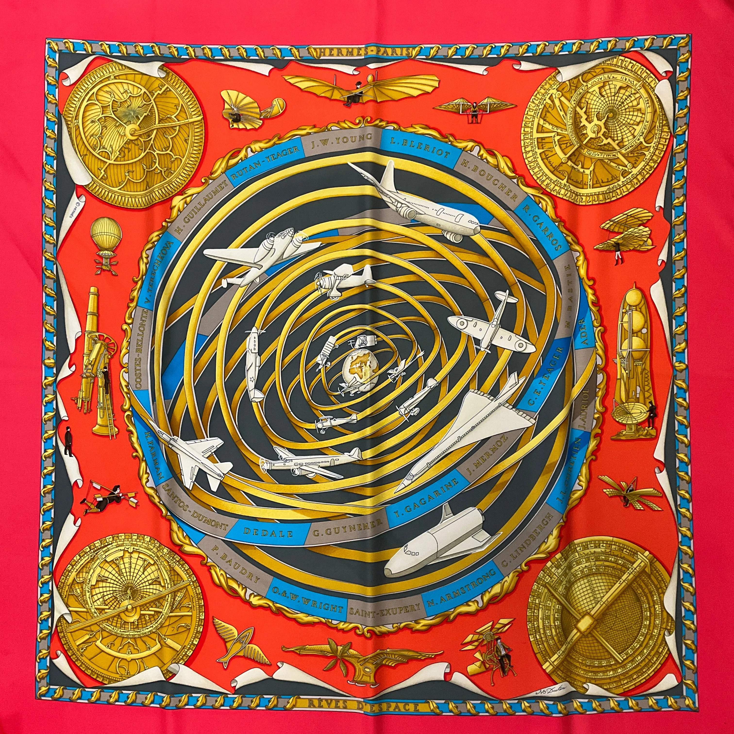 Hermes Red Multi Reves d’Espace Aircraft Print Square Silk Twill Scarf