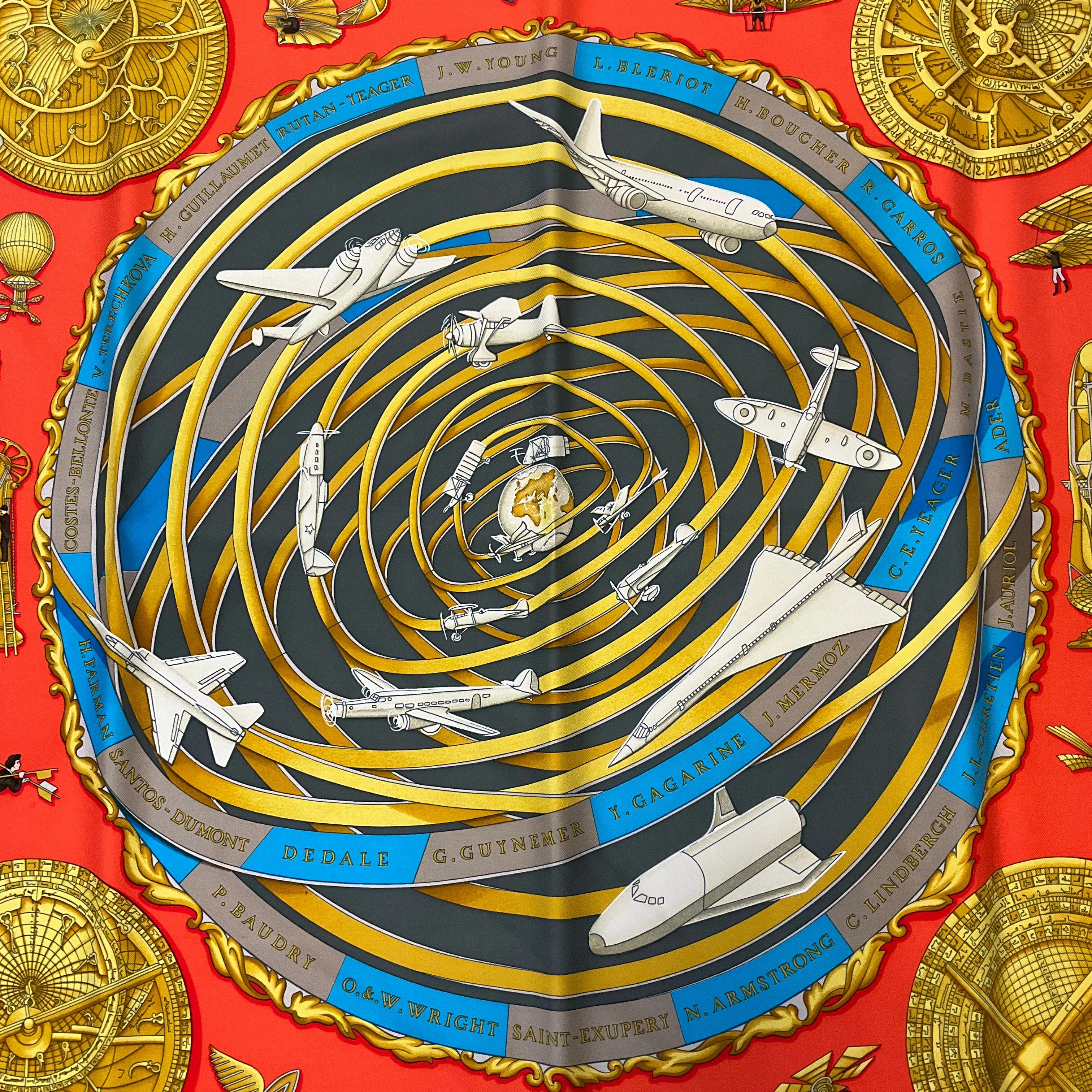 Hermes Red Multi Reves d’Espace Aircraft Print Square Silk Twill Scarf