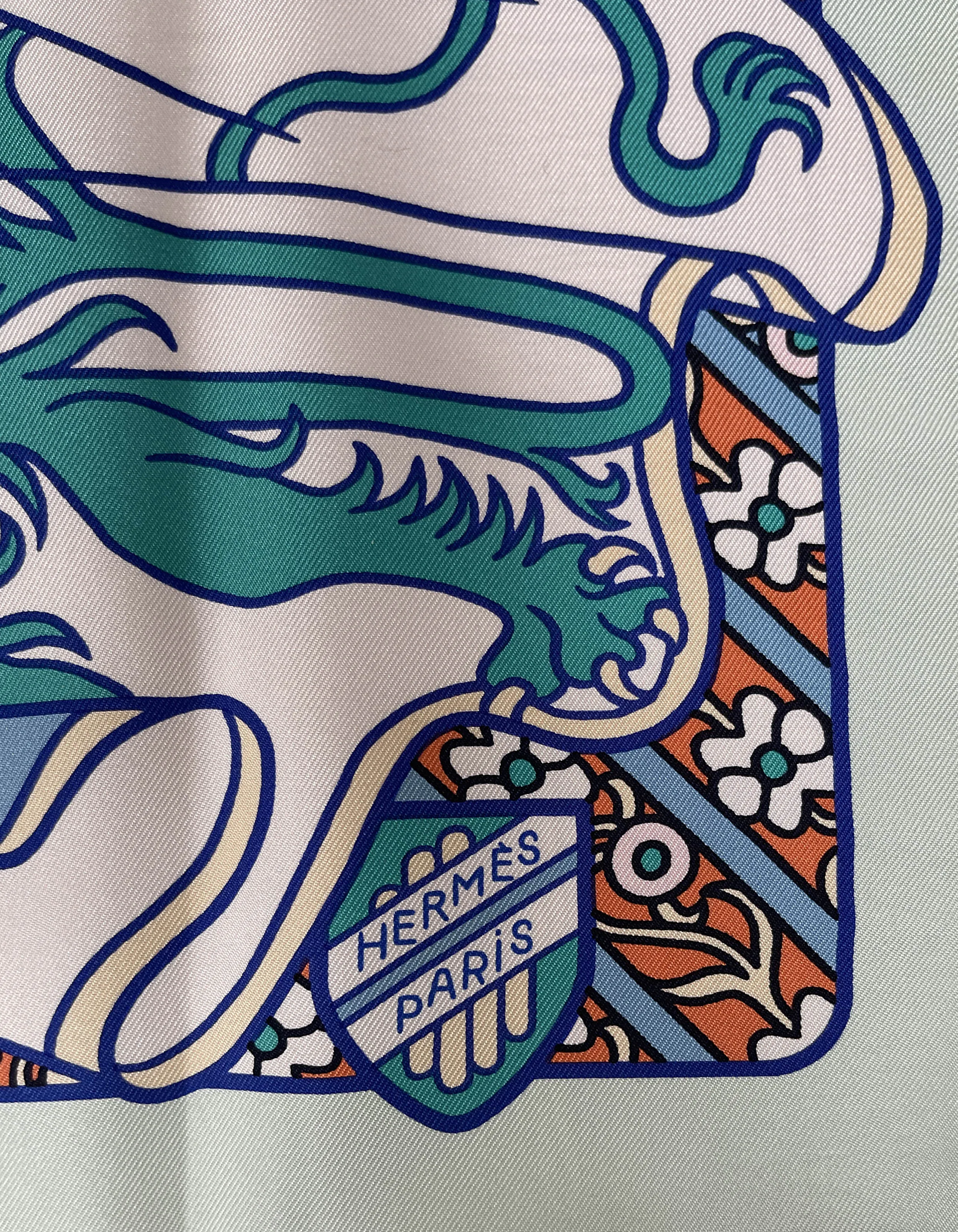 Hermes Vert Pale/Turquois Duels Oniriques 90cm Silk Scarf