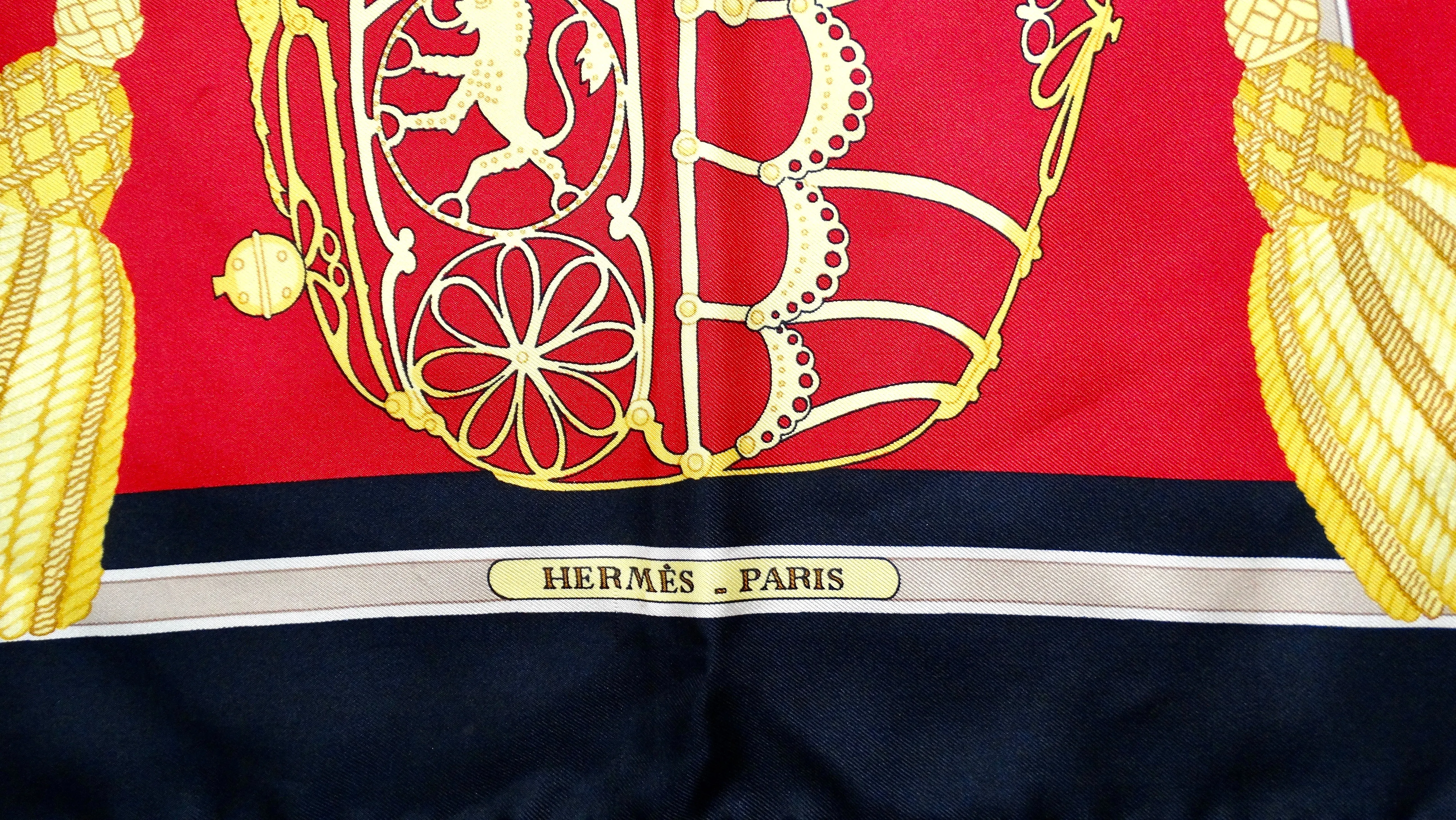 Hermes Vintage "Les Muserolles" 90 cm Red Knight Print Silk Scarf