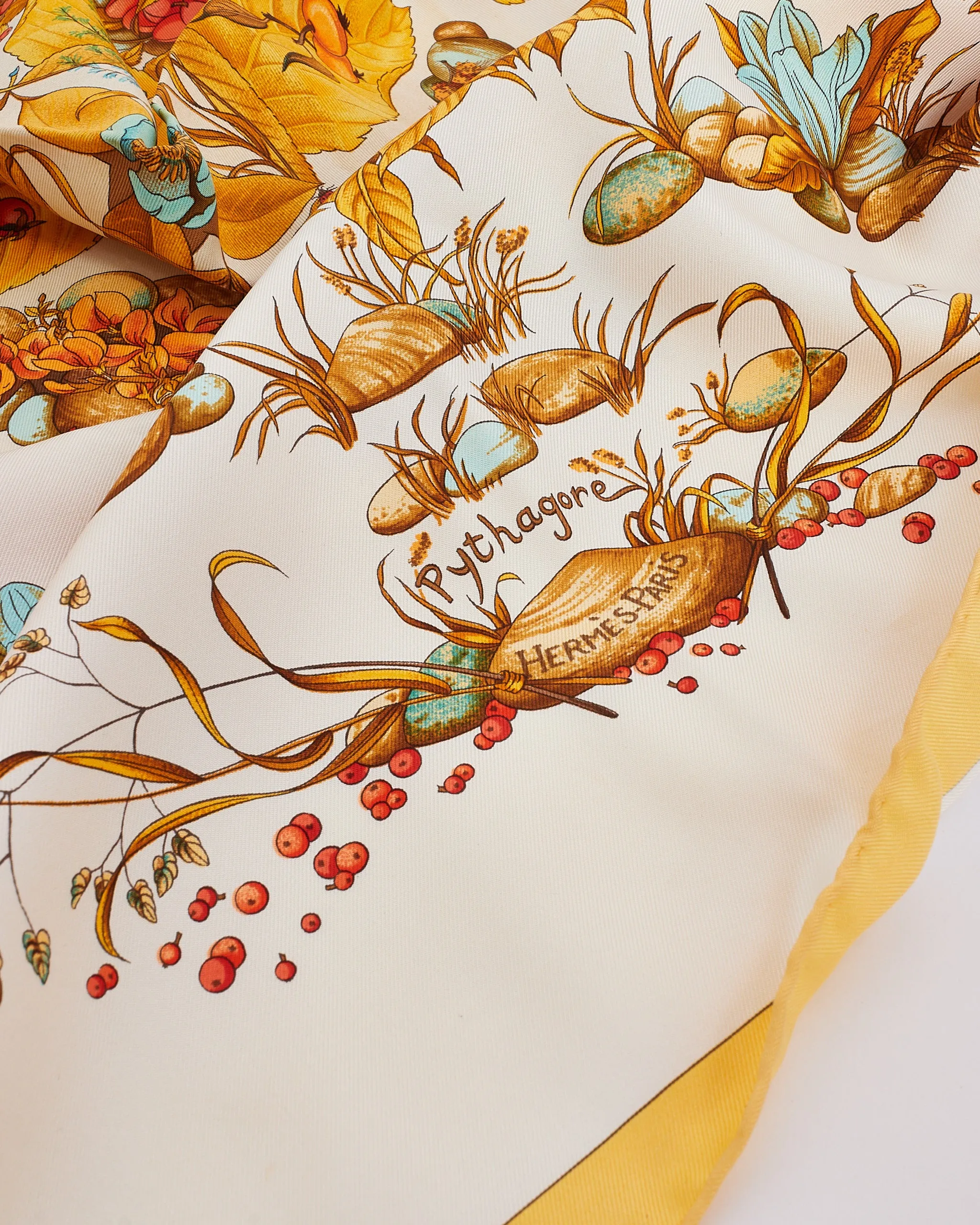 Hermès Beige/Yellow 'Pythagore' Silk Scarf 90