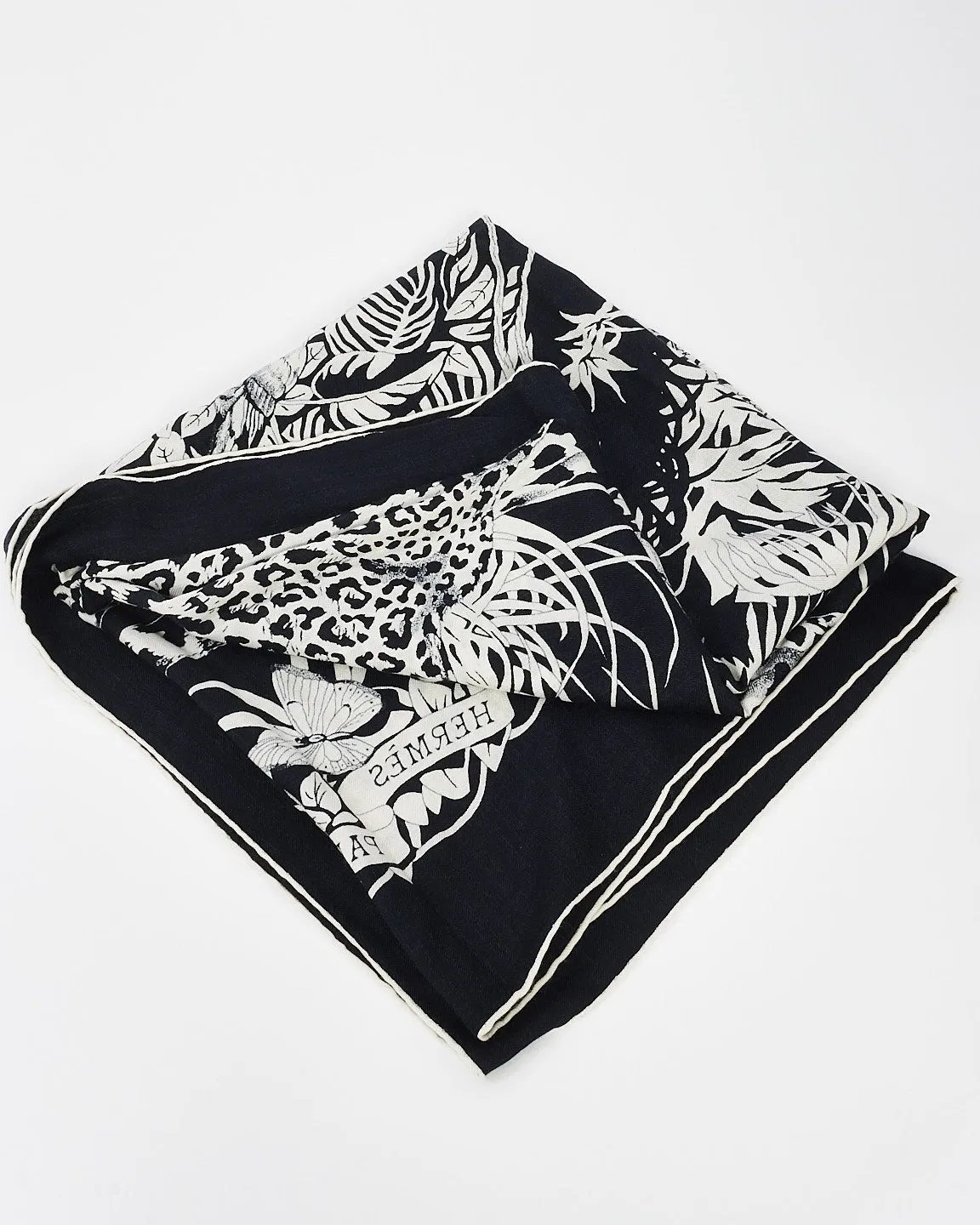 Hermès Black & White Cashmere & Silk Jungle Love Scarf - 140