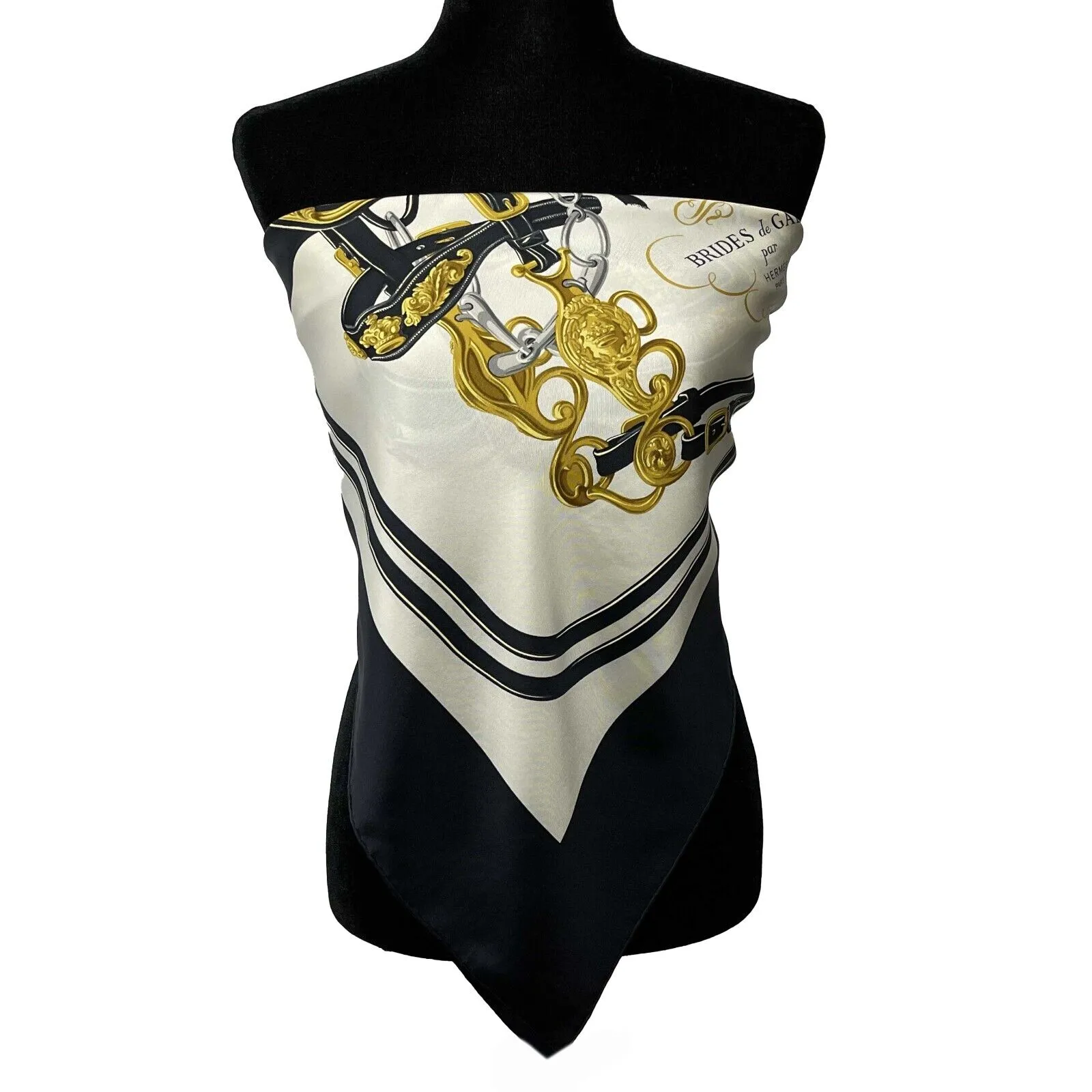 Hermès - 'Brides de Gala' Equestrian Silk - Black, White, Gold, Silver - OS