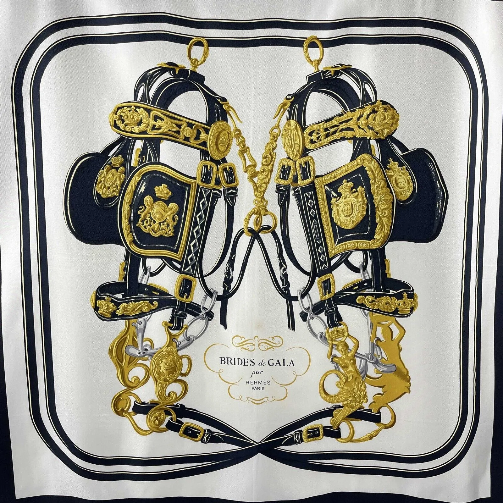 Hermès - 'Brides de Gala' Equestrian Silk - Black, White, Gold, Silver - OS
