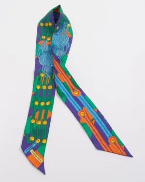 Hermès Green/Orange/Blue Cord Printed Silk Twilly