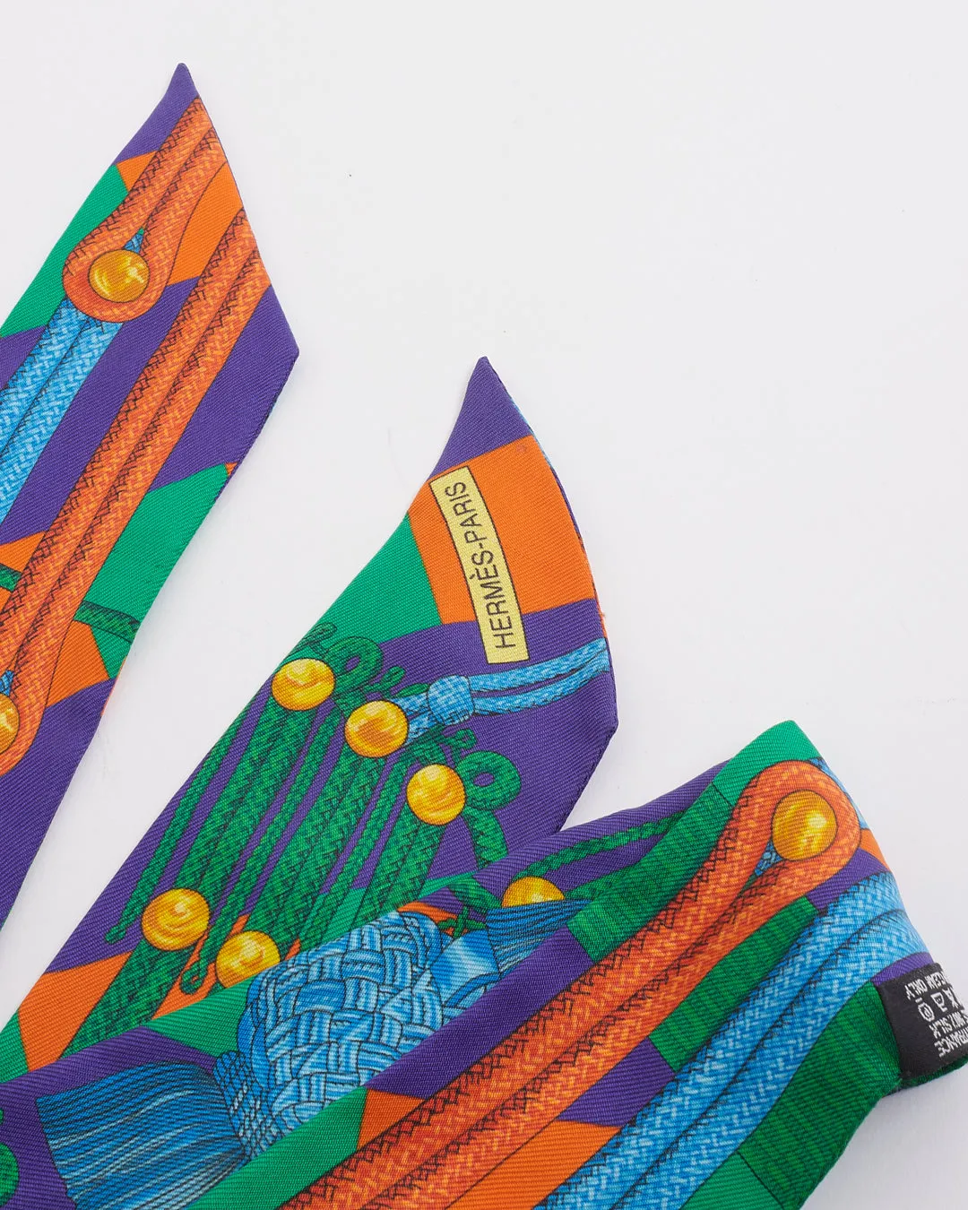 Hermès Green/Orange/Blue Cord Printed Silk Twilly
