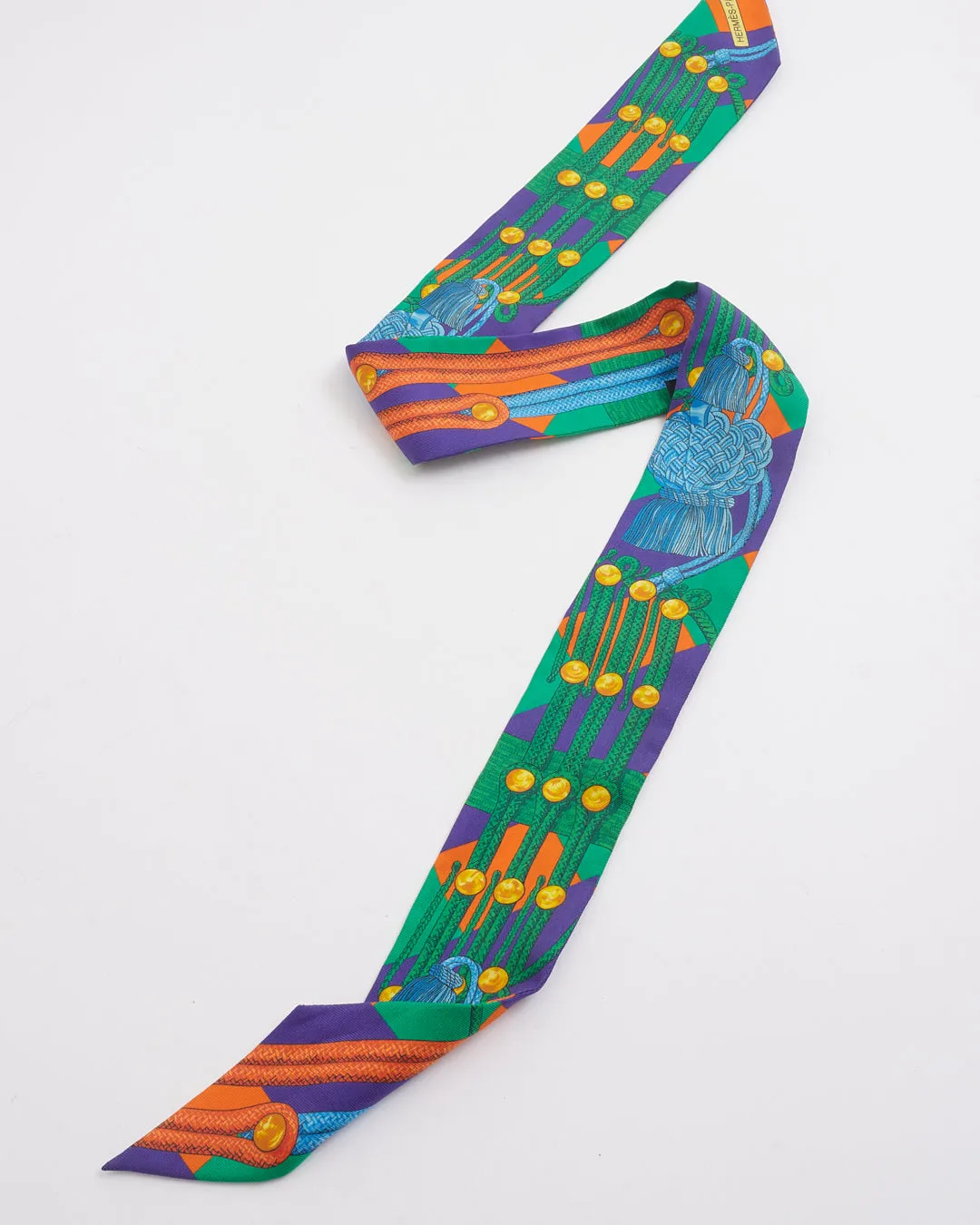 Hermès Green/Orange/Blue Cord Printed Silk Twilly