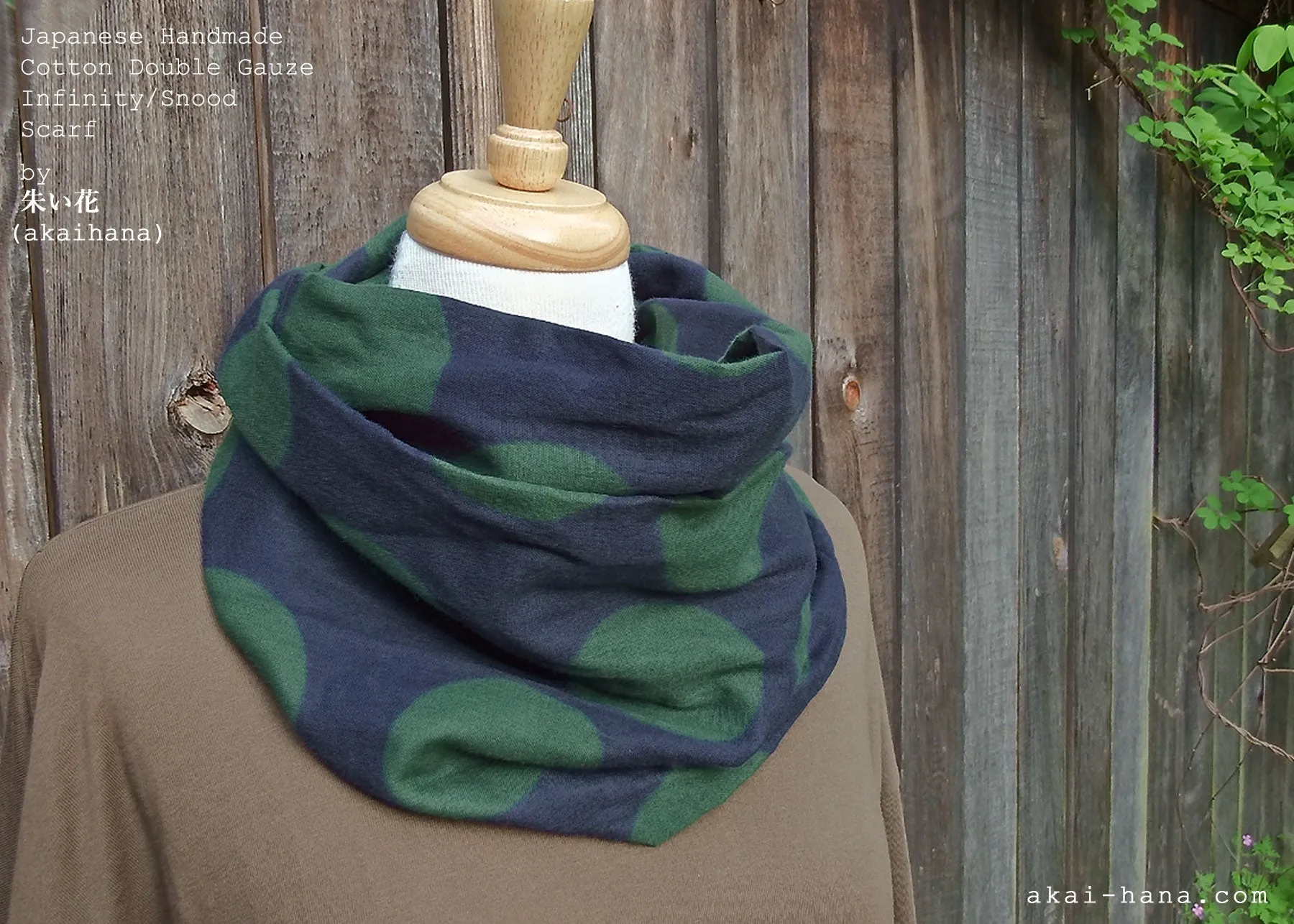 Japanese Handmade Infinity Scarf, Cotton Double Gauze, Polkadots Smoky Blue Gray x Forest Green ⦿sinf0032