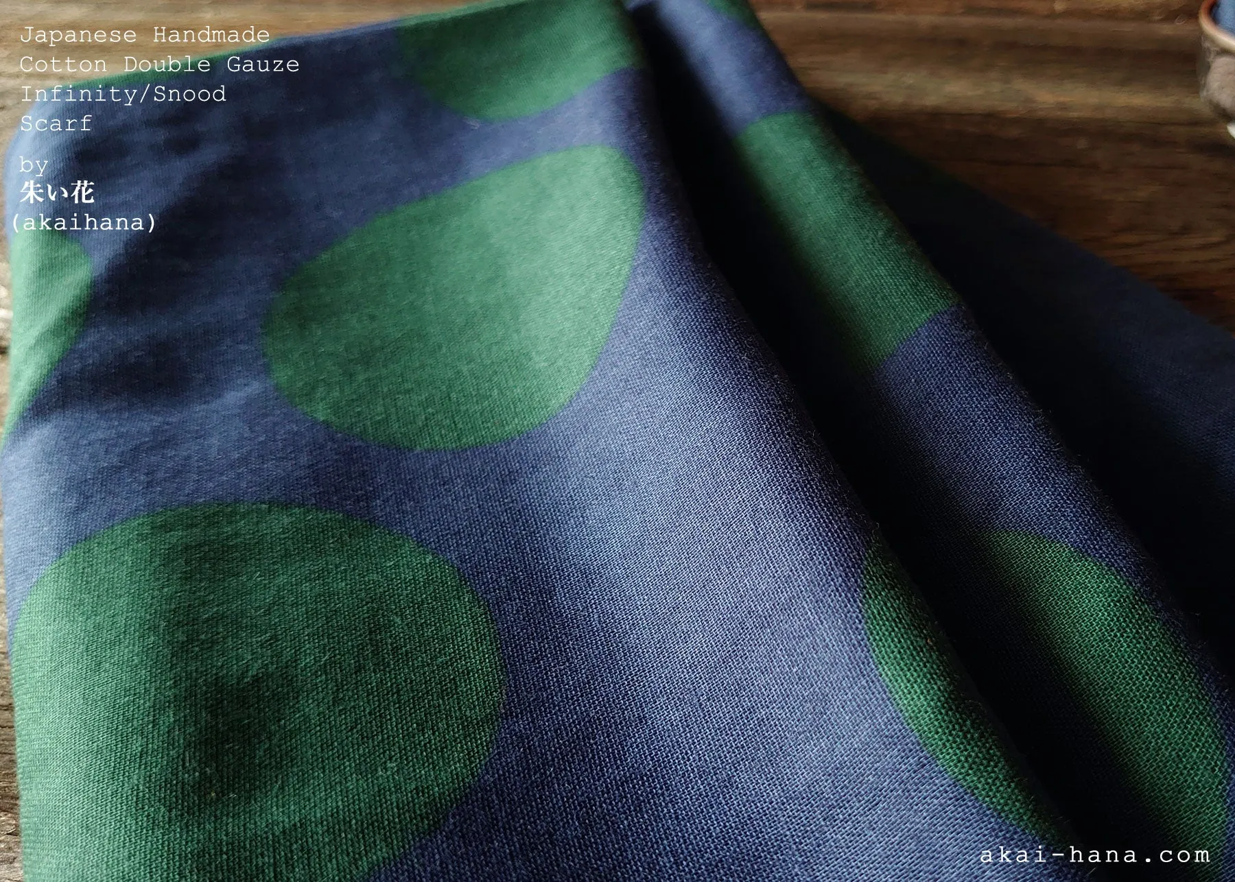 Japanese Handmade Infinity Scarf, Cotton Double Gauze, Polkadots Smoky Blue Gray x Forest Green ⦿sinf0032